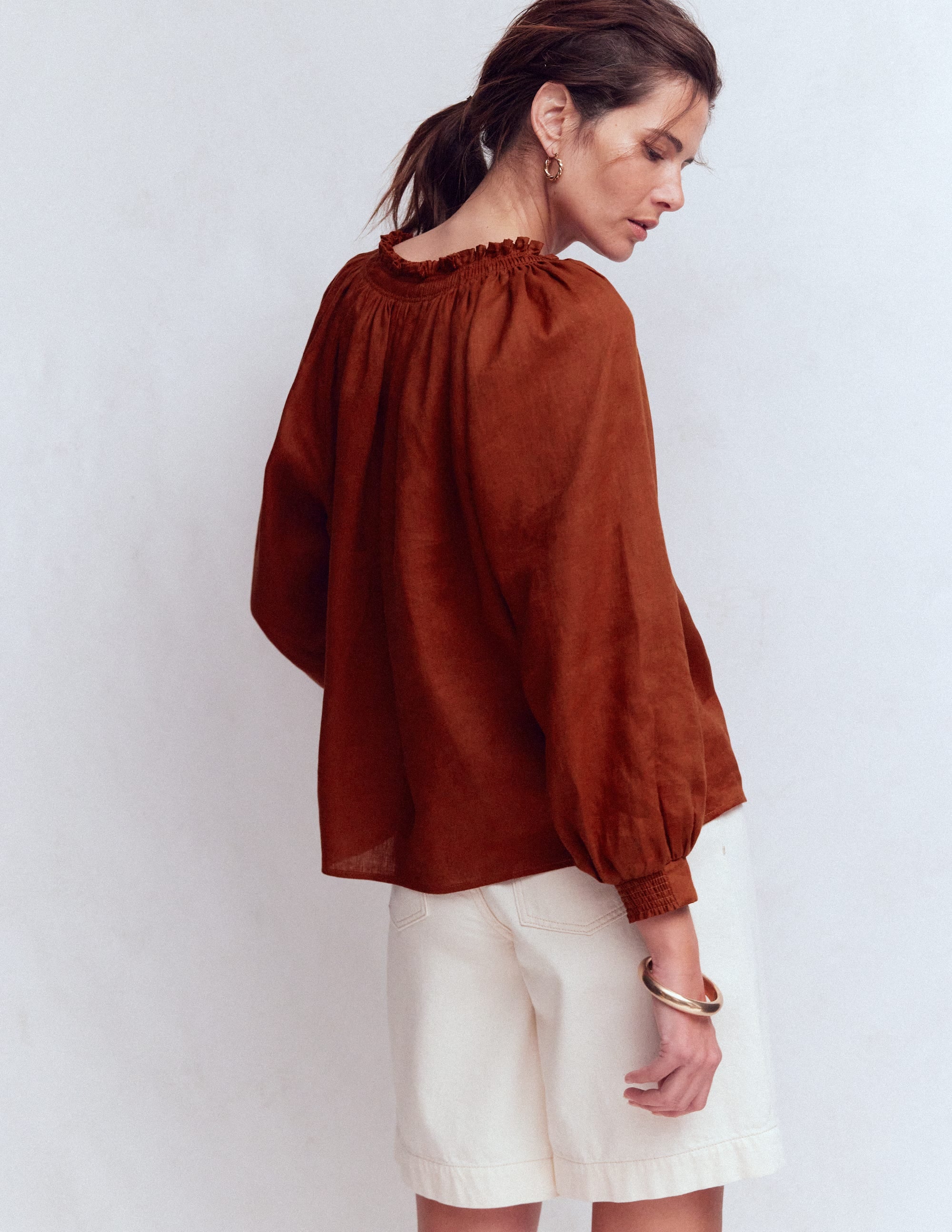 Serena Pleat Neck Linen Top-Burnt Henna - Image 3