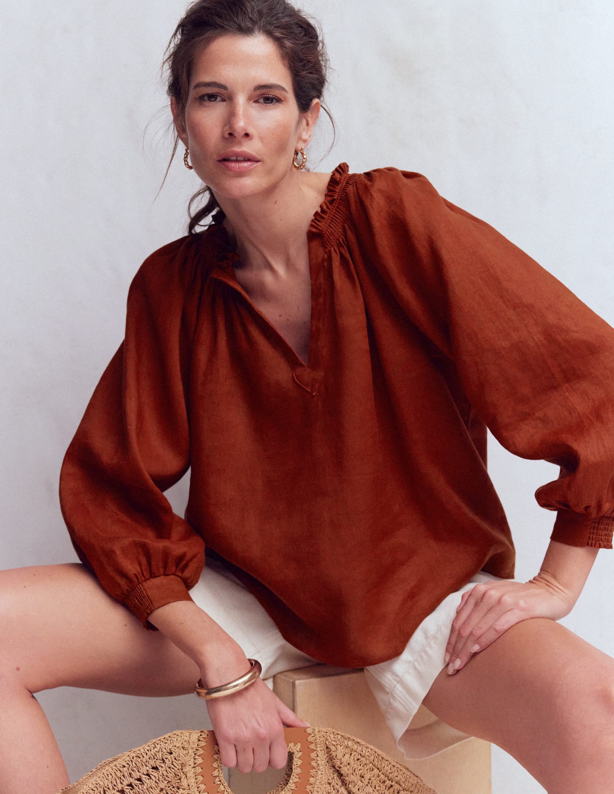 Serena Pleat Neck Linen Top-Burnt Henna - Image 4
