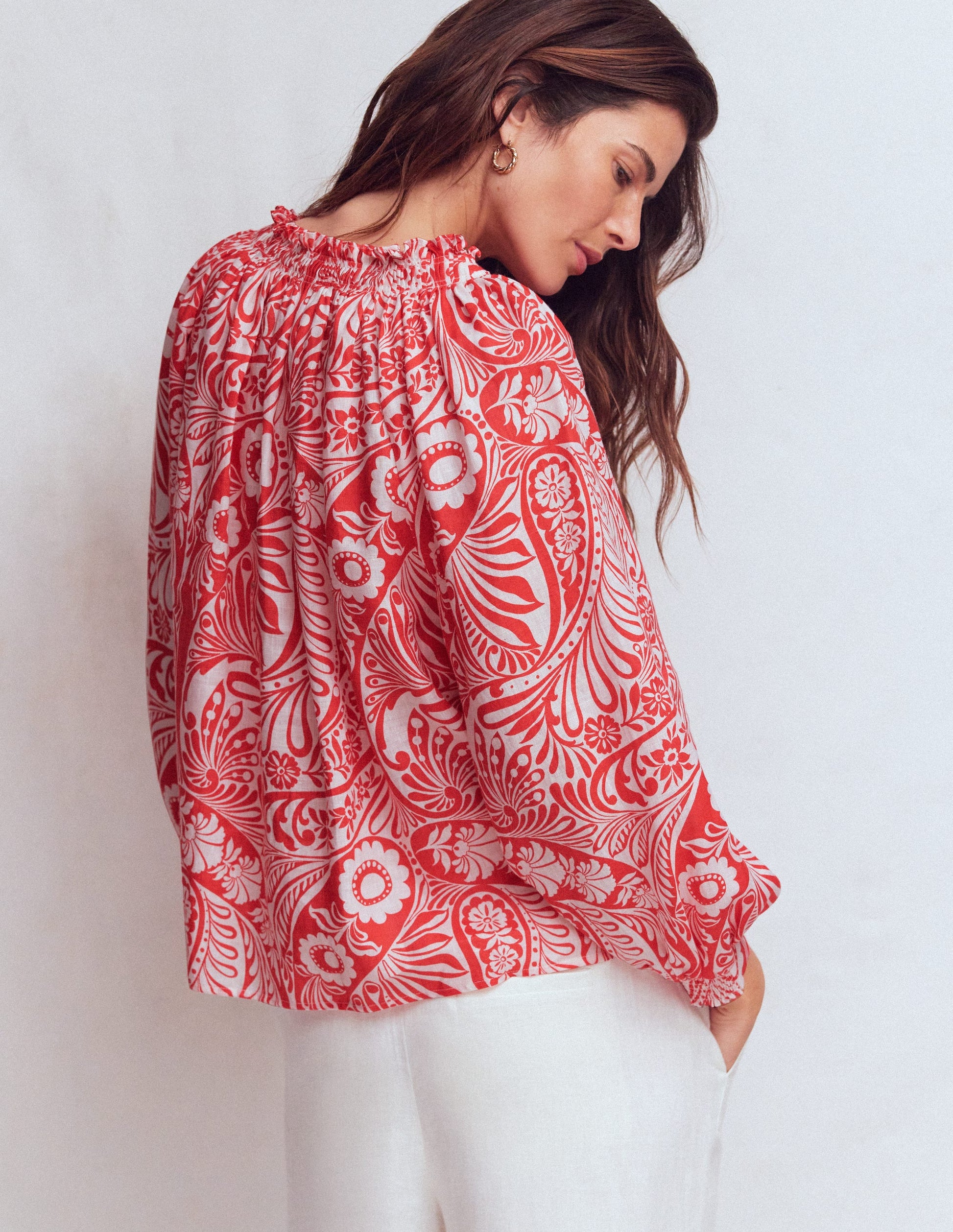 Serena Pleat Neck Linen Top-Red, Enchanted Paisley Mono-3