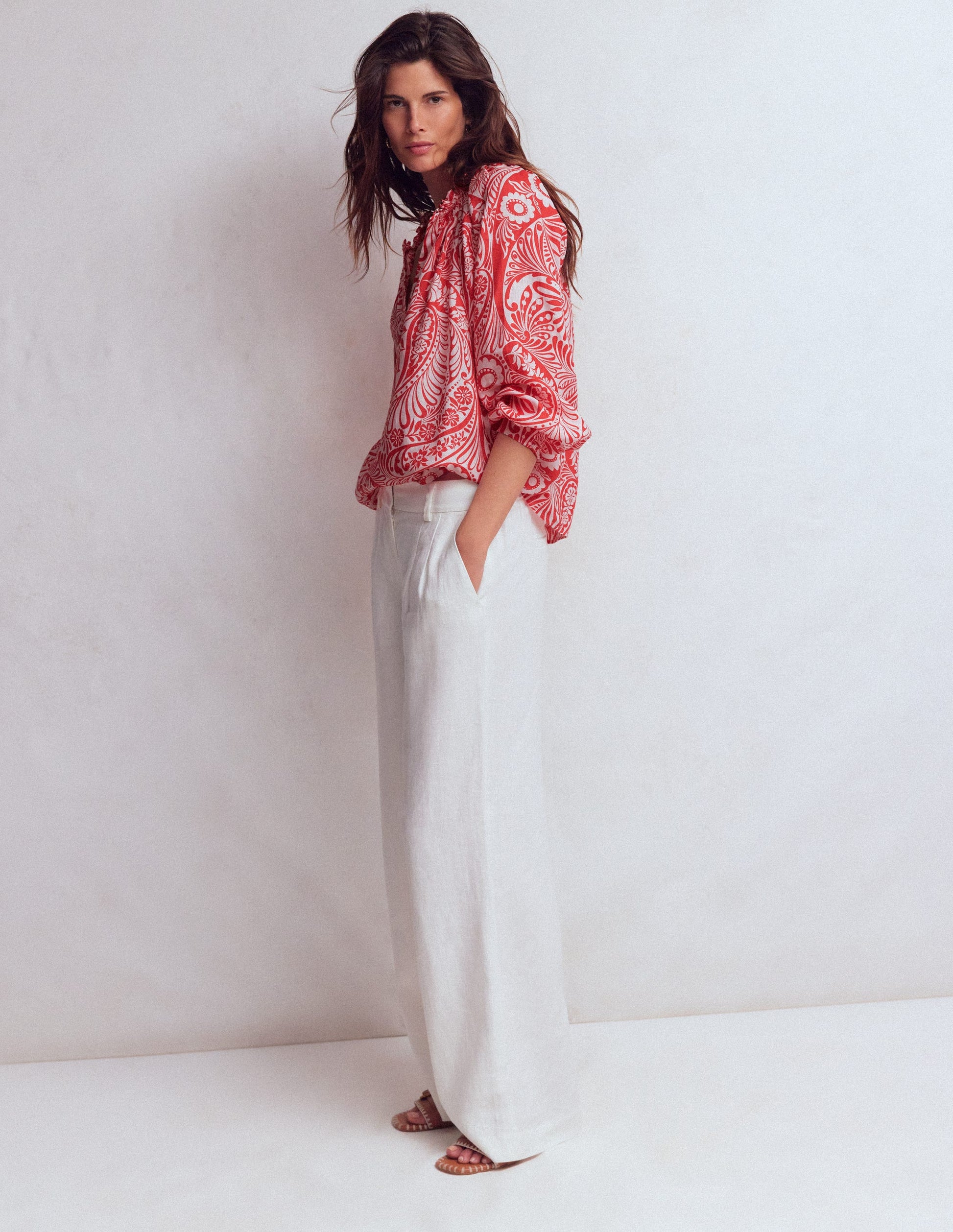 Serena Pleat Neck Linen Top-Red, Enchanted Paisley Mono-4