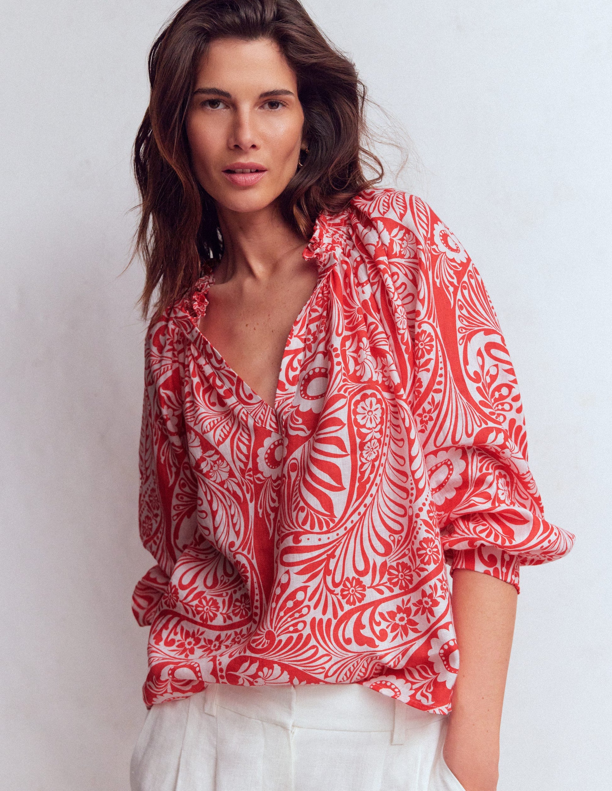Serena Pleat Neck Linen Top-Red, Enchanted Paisley Mono-5