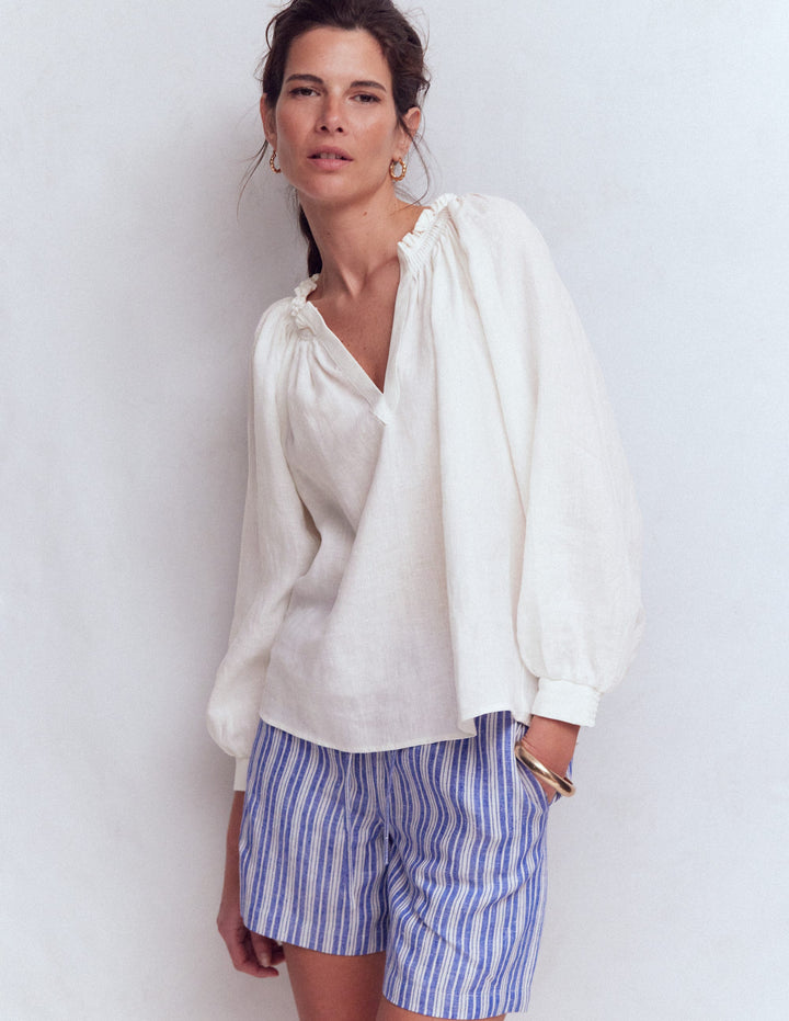 Serena Pleat Neck Linen Top-White
