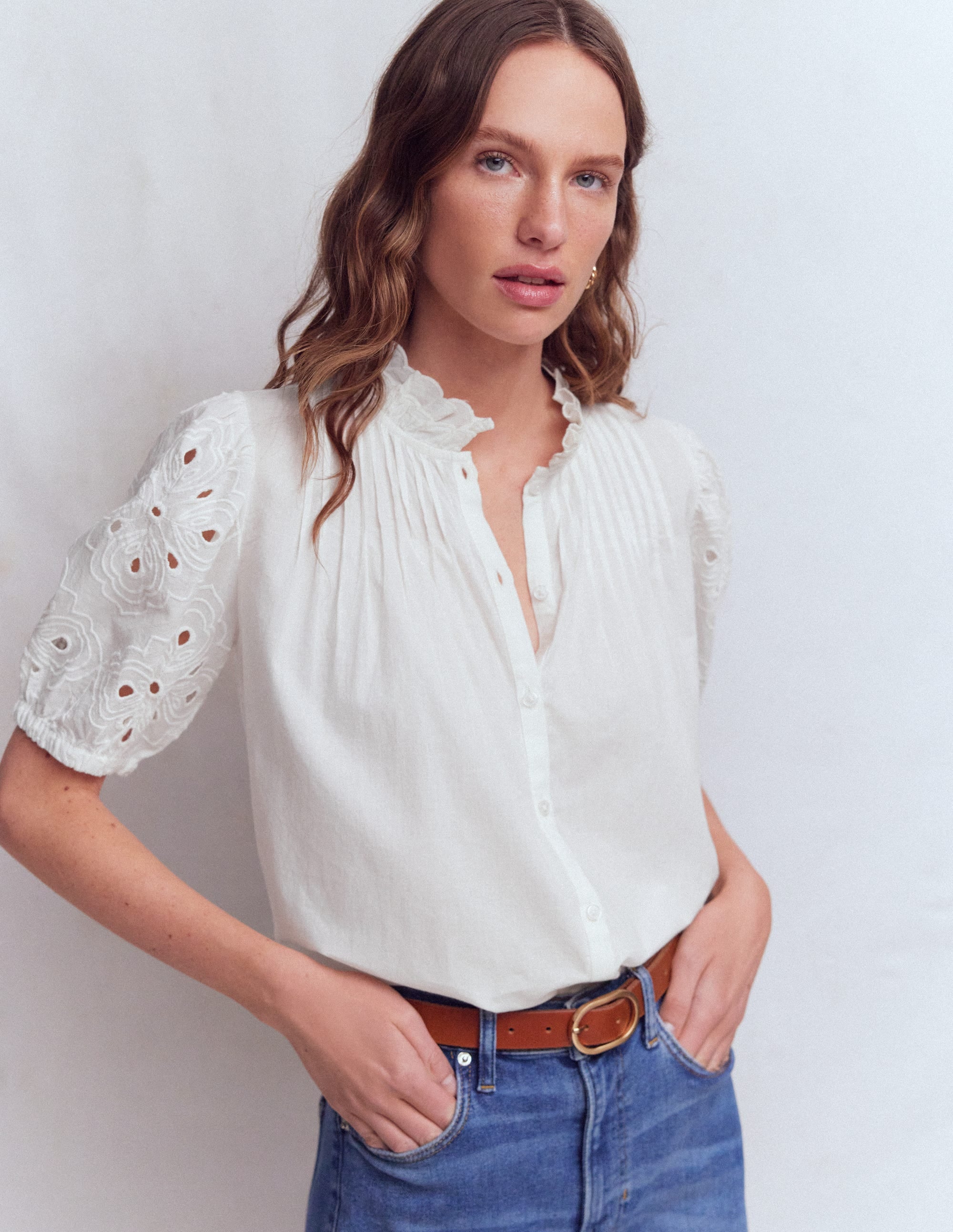 Cutwork Puff Sleeve Top-White - Image 1