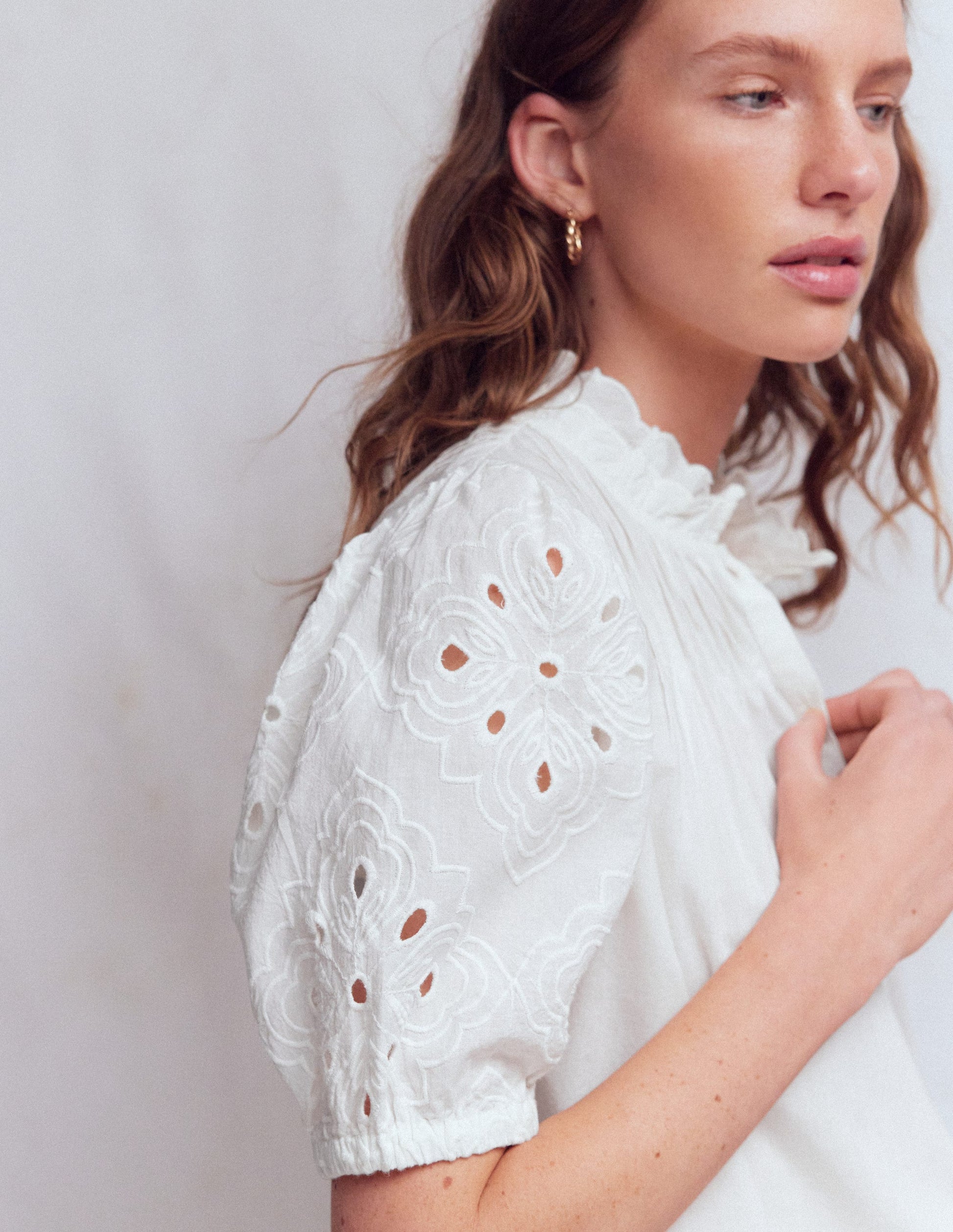 Cutwork Puff Sleeve Top-White-3