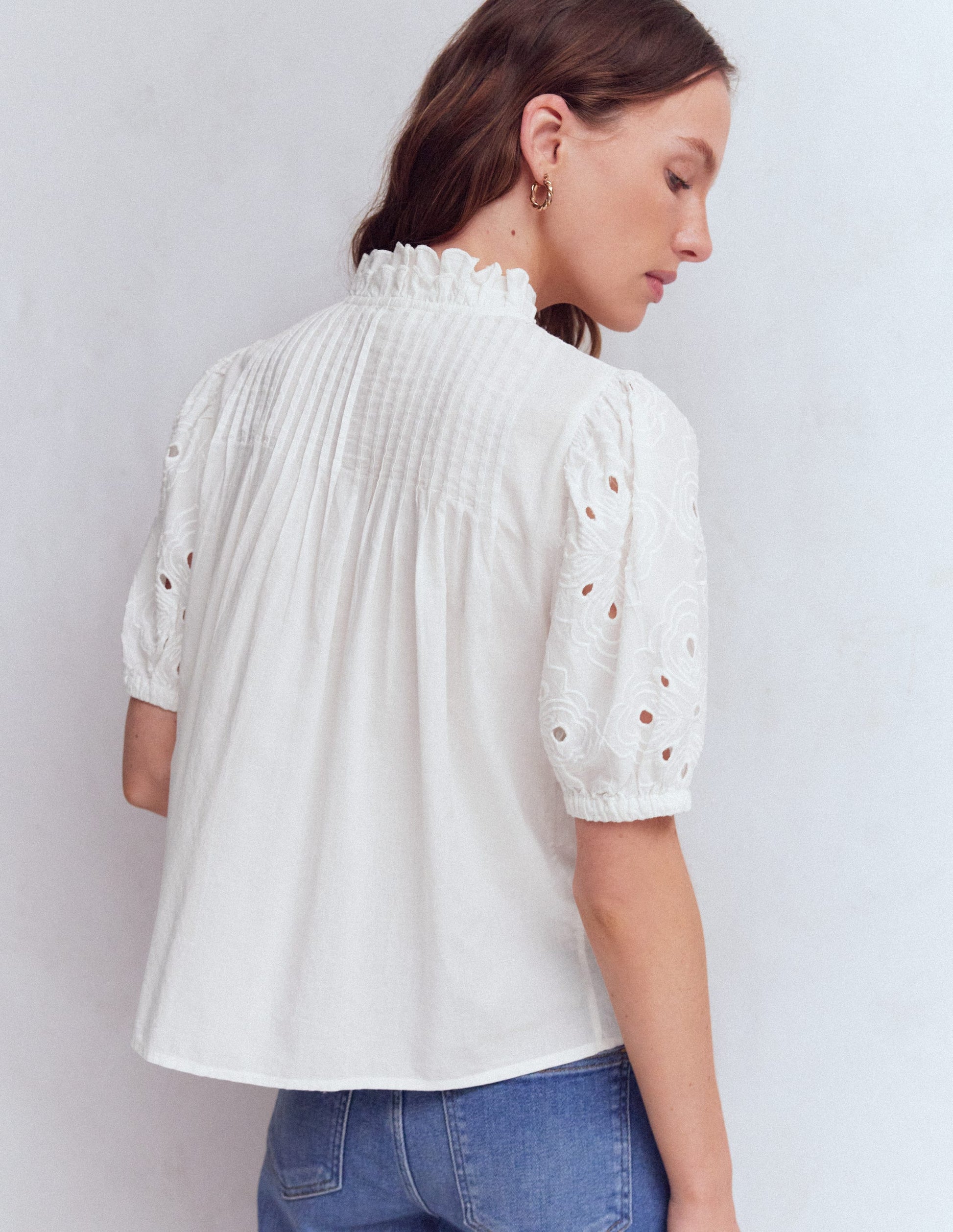 Cutwork Puff Sleeve Top-White-4