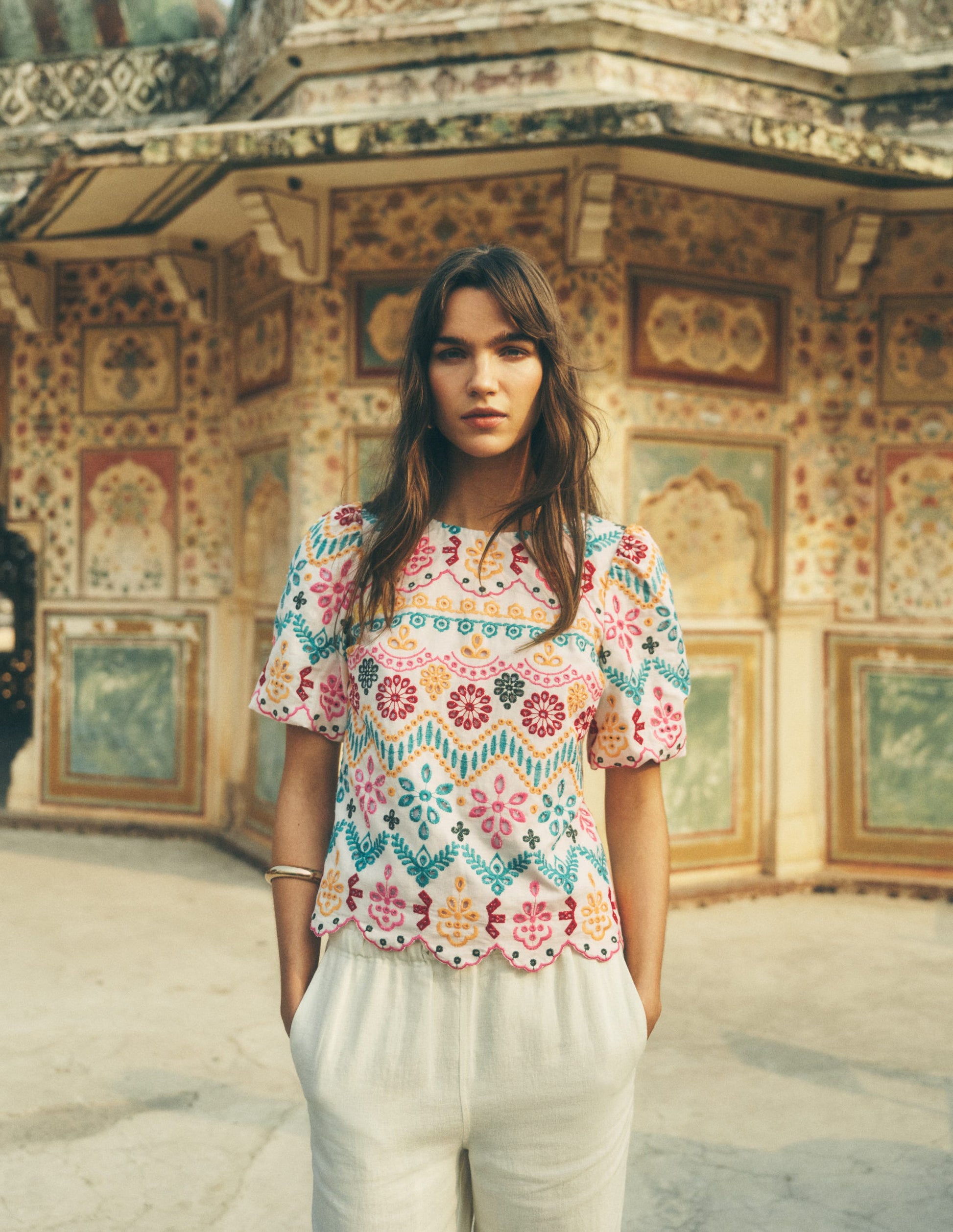 Linen Puff Sleeve Top-Multi Broderie-5