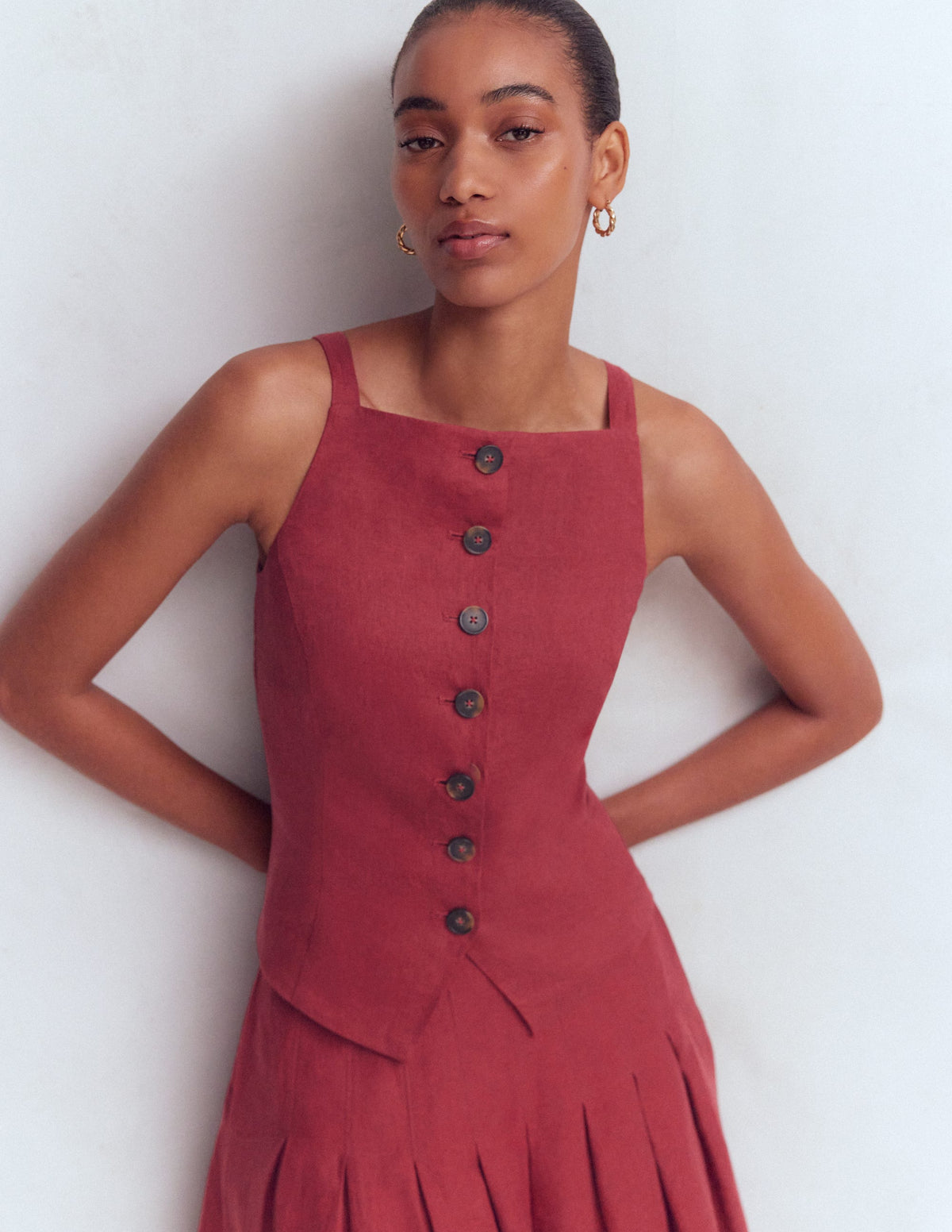 Square Neck Linen Waistcoat-Rich Chestnut - Image 1