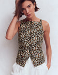 Square Neck Linen Waistcoat-Leopard Print