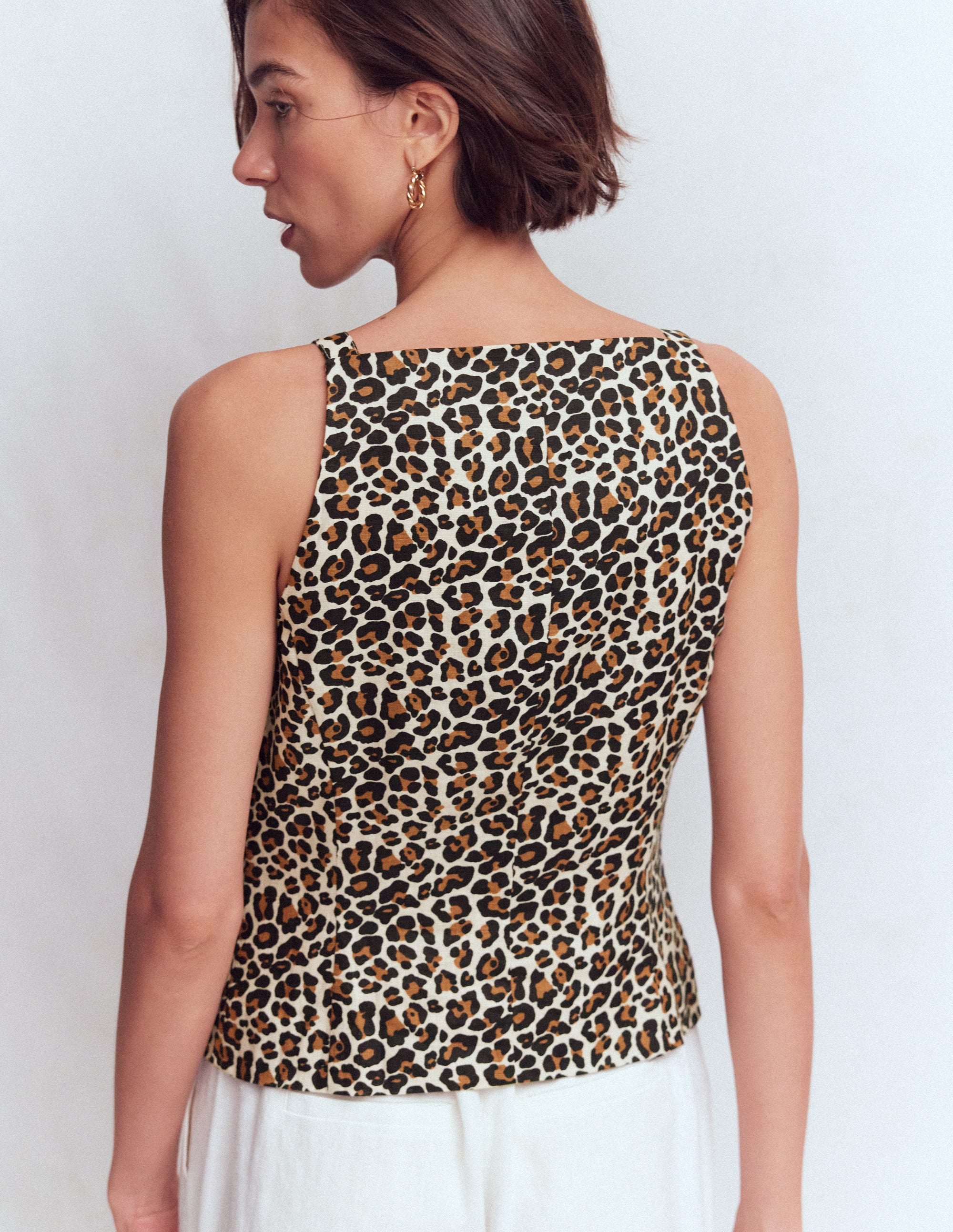 Square Neck Linen Waistcoat-Leopard Print - Image 3