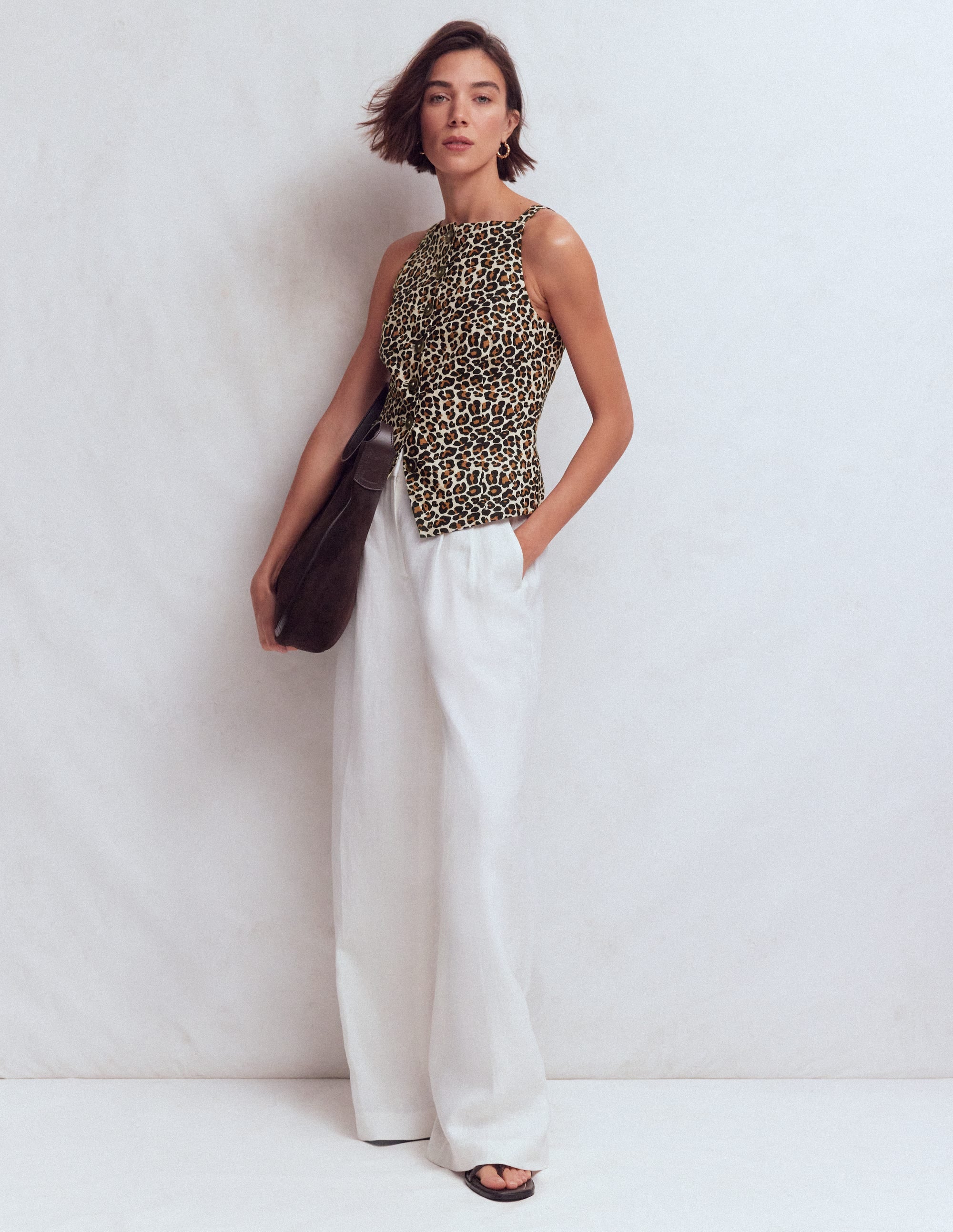 Square Neck Linen Waistcoat-Leopard Print - Image 4