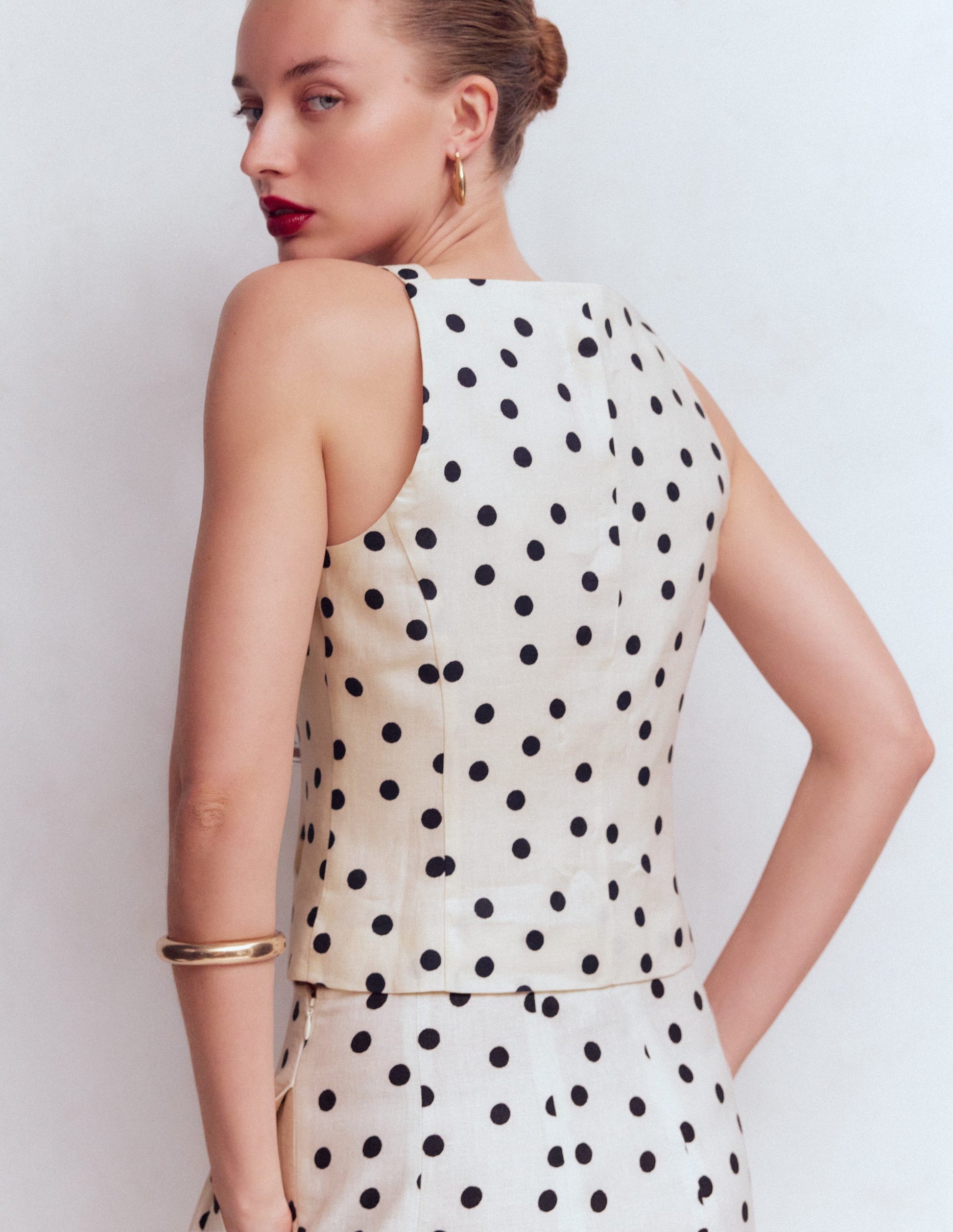 Square Neck Linen Waistcoat-Ivory, Painted Dot Spaced-3