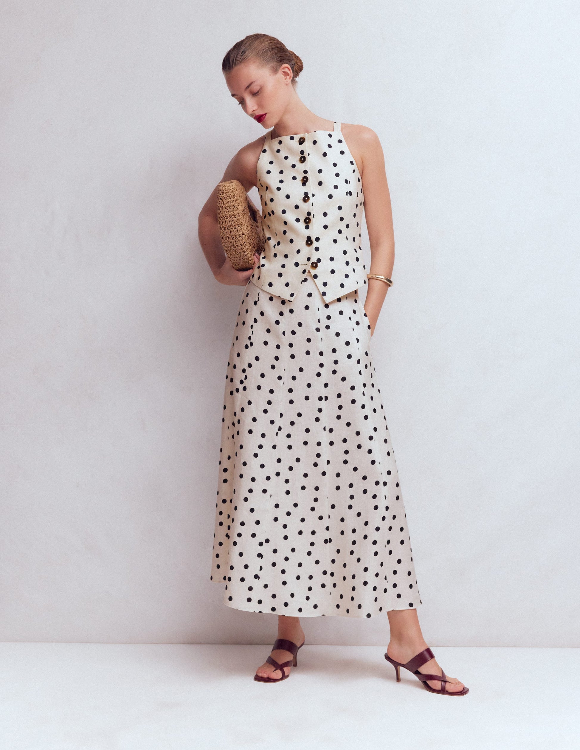 Square Neck Linen Waistcoat-Ivory, Painted Dot Spaced-4