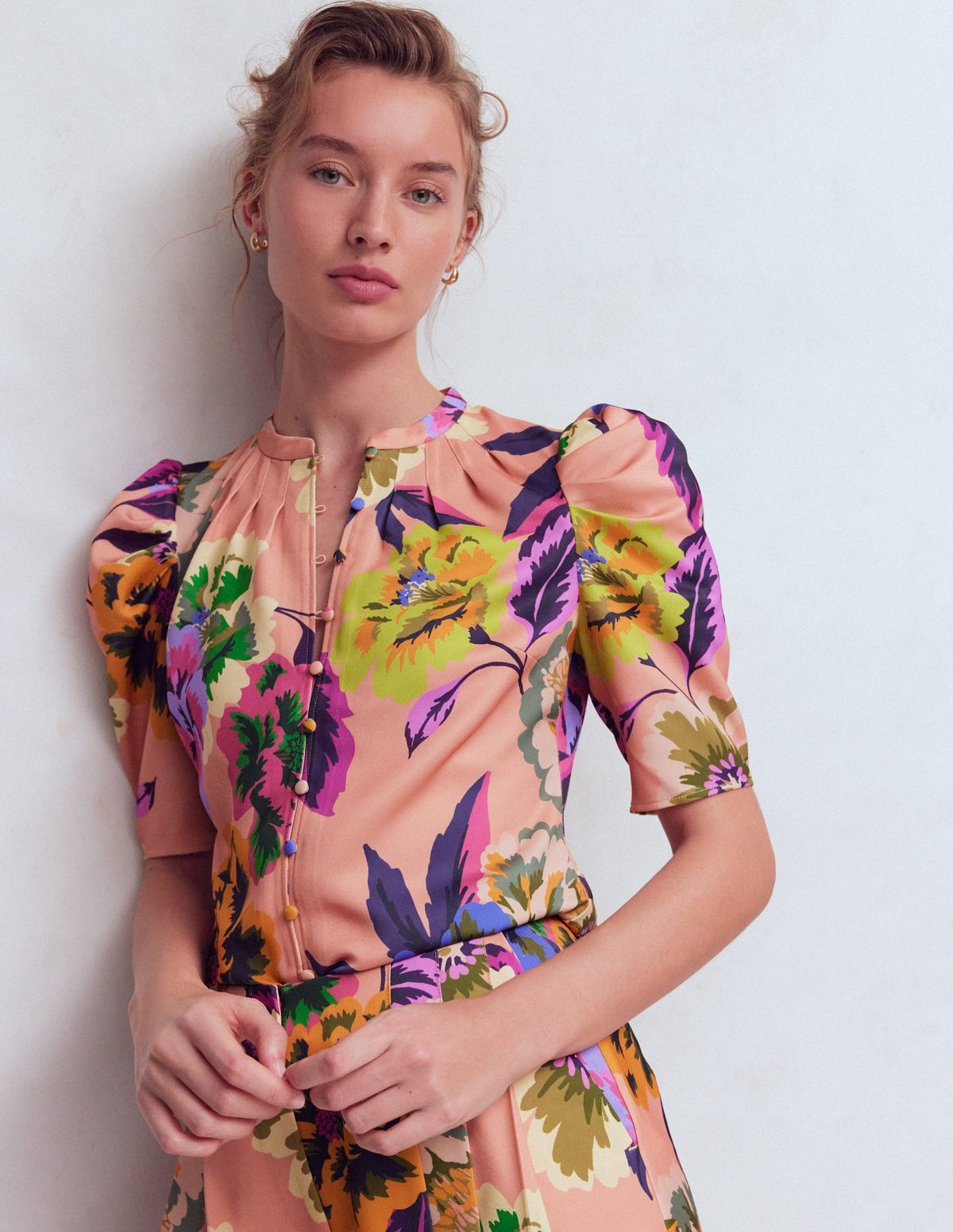 Pleated Mutton Sleeve Top-Multi, Opulent Blossom - Image 1
