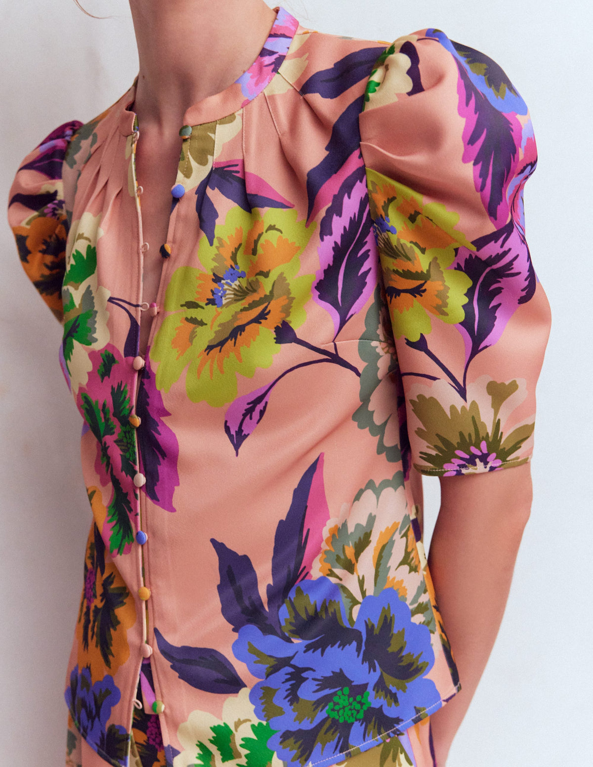 Pleated Mutton Sleeve Top-Multi, Opulent Blossom - Image 2