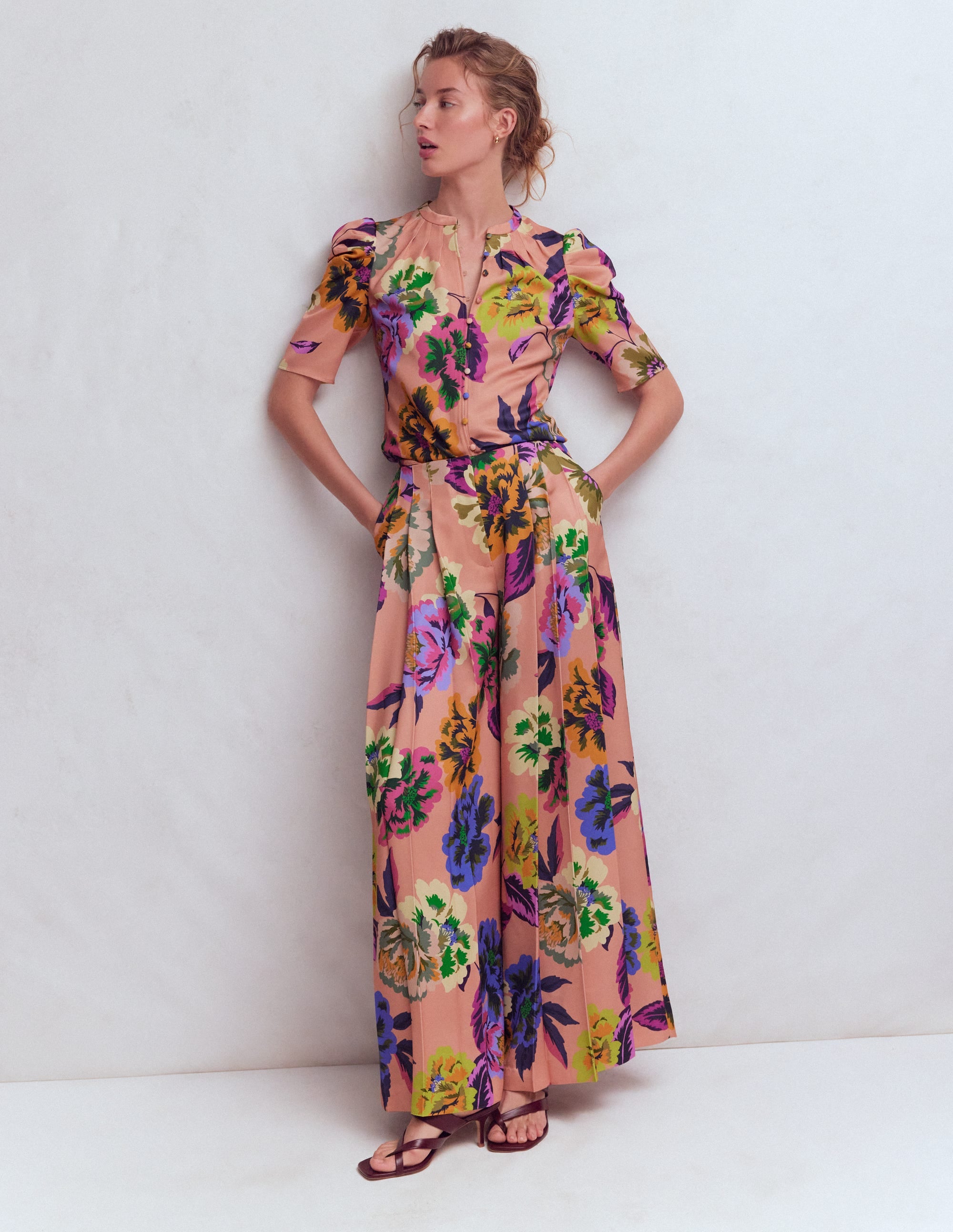 Pleated Mutton Sleeve Top-Multi, Opulent Blossom - Image 5