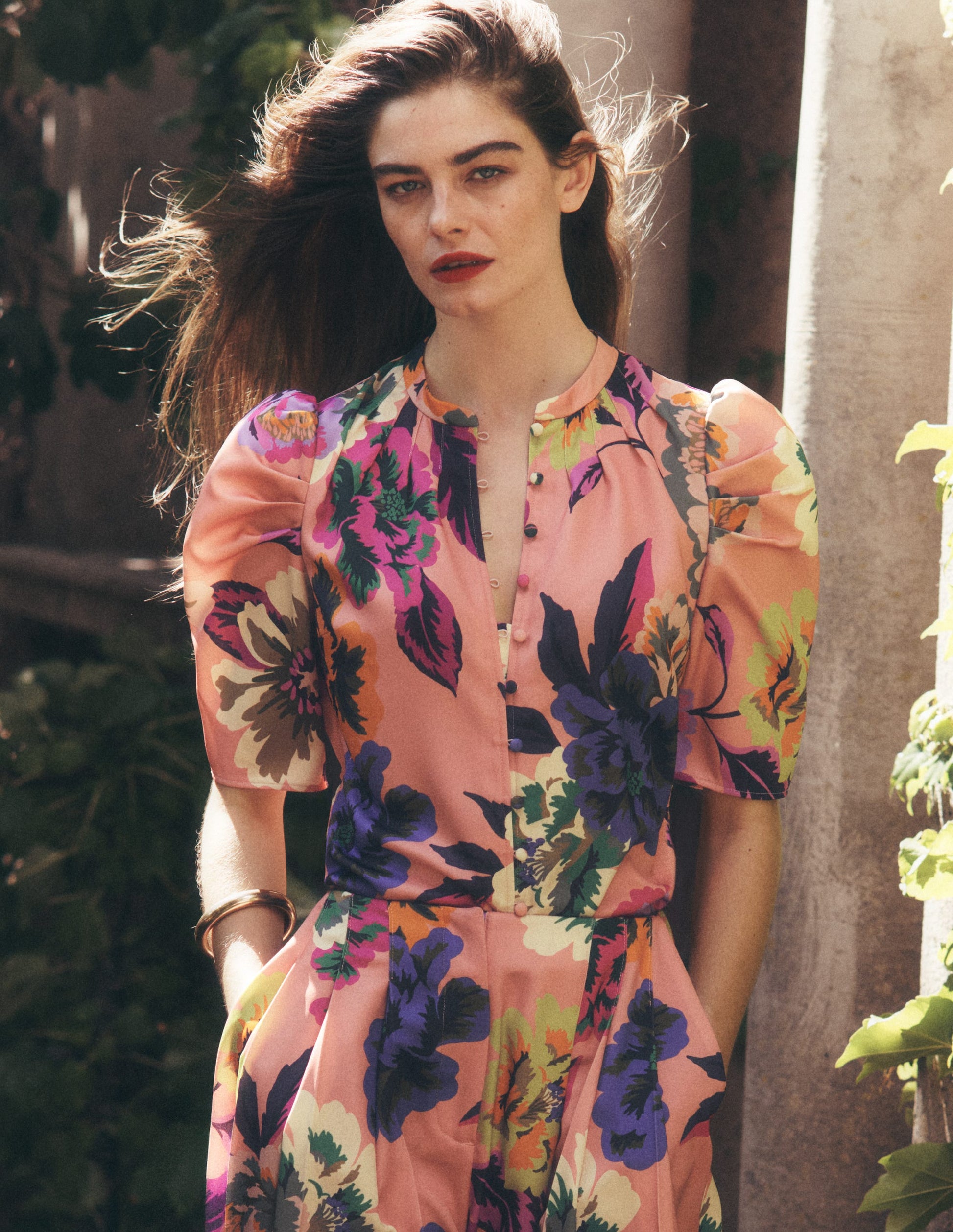 Pleated Mutton Sleeve Top-Multi, Opulent Blossom-1