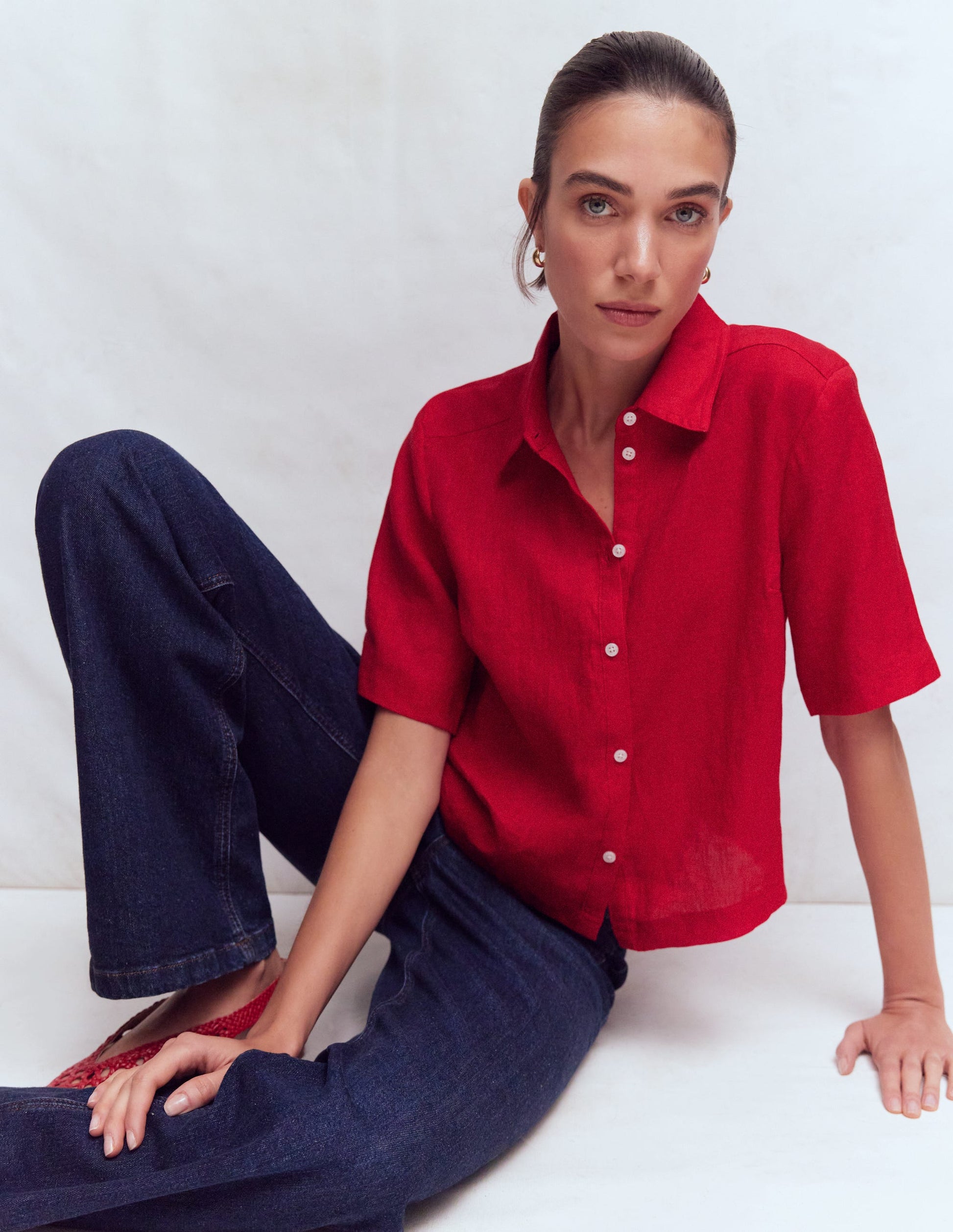 Short Sleeve Linen Shirt-Merida Red-1