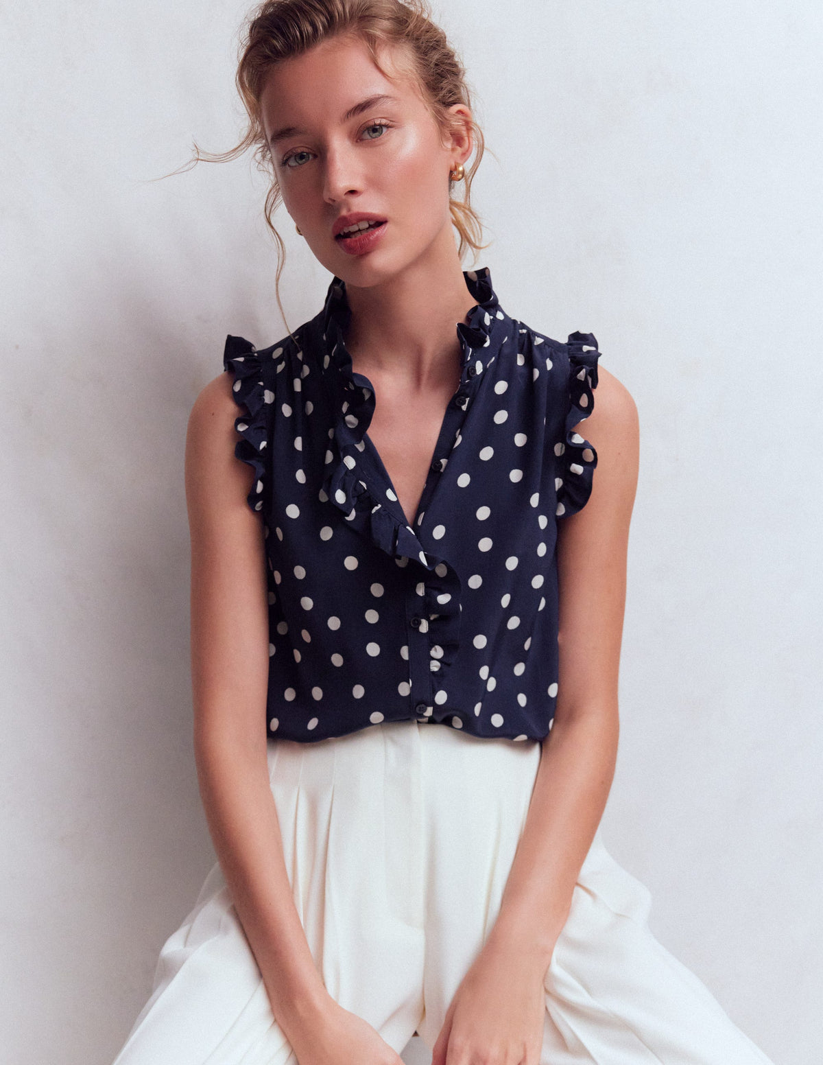 Isabel Sleeveless Silk Top-French Navy, Painted Dot - Image 1