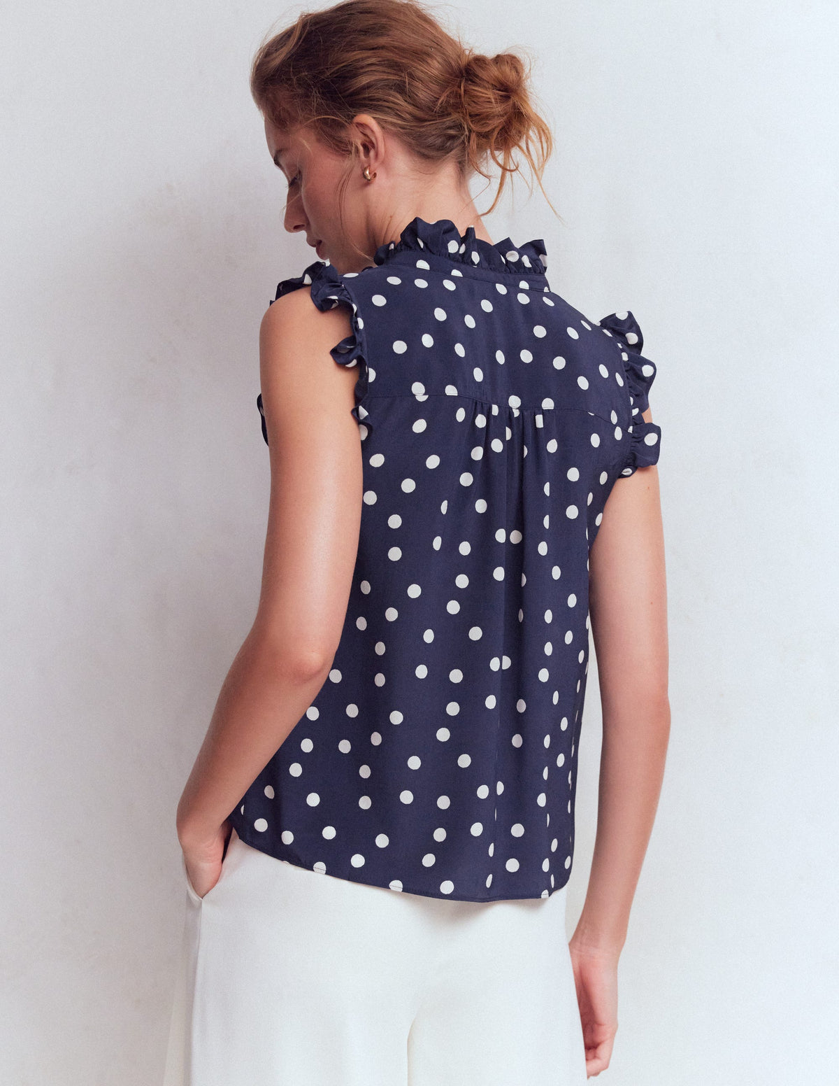 Isabel Sleeveless Silk Top-French Navy, Painted Dot - Image 3