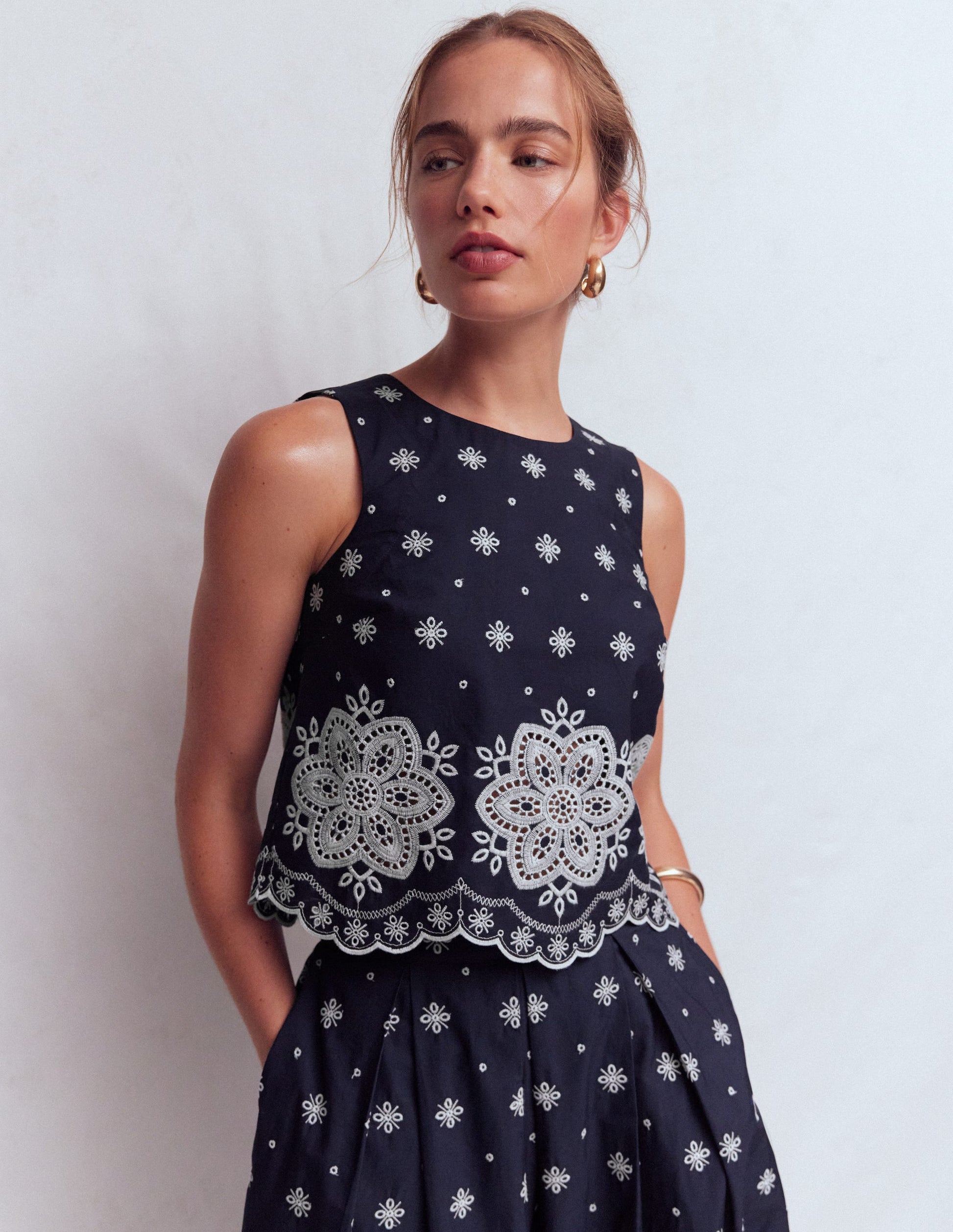 Sofia Broderie Shell Top-Navy-6