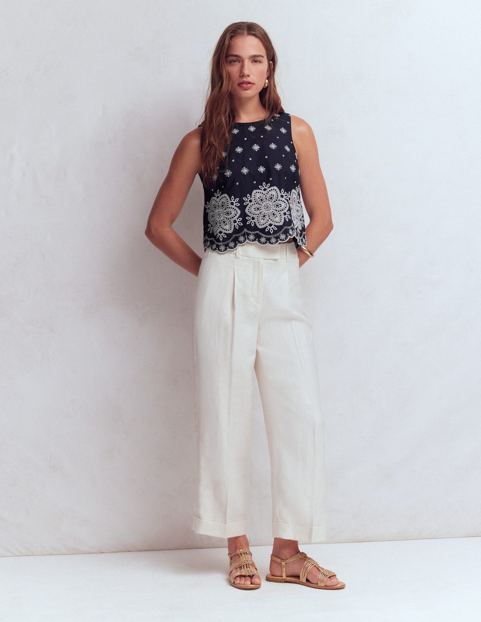 Sofia Broderie Shell Top-Navy-7