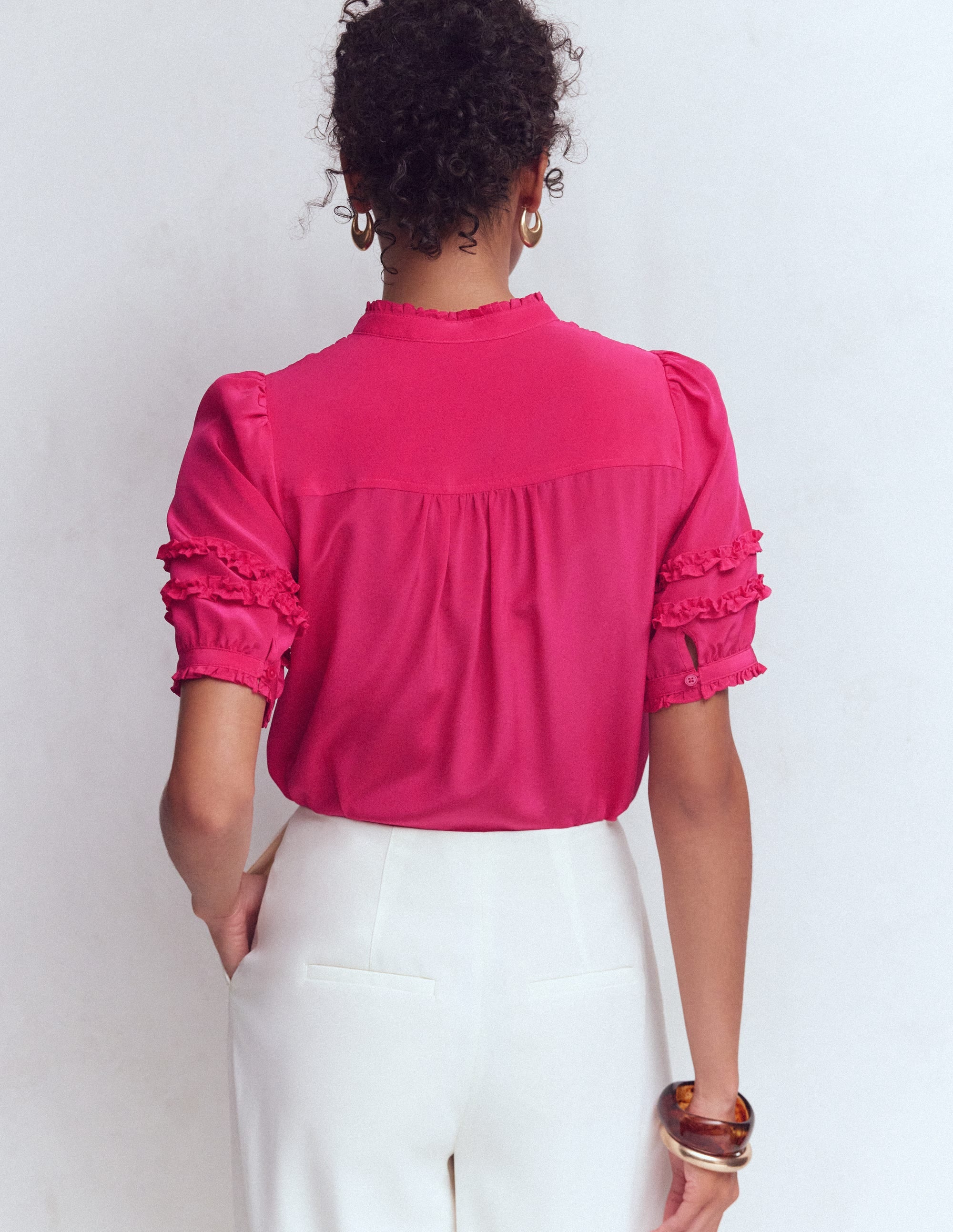 Short Sleeve Silk Ruffle Top-Vibrant Pink - Image 3