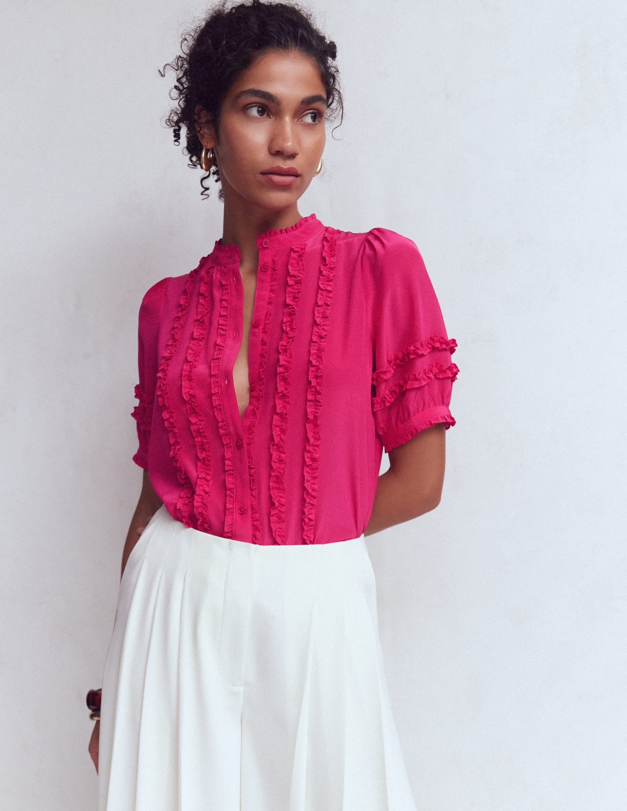 Short Sleeve Silk Ruffle Top-Vibrant Pink - Image 5
