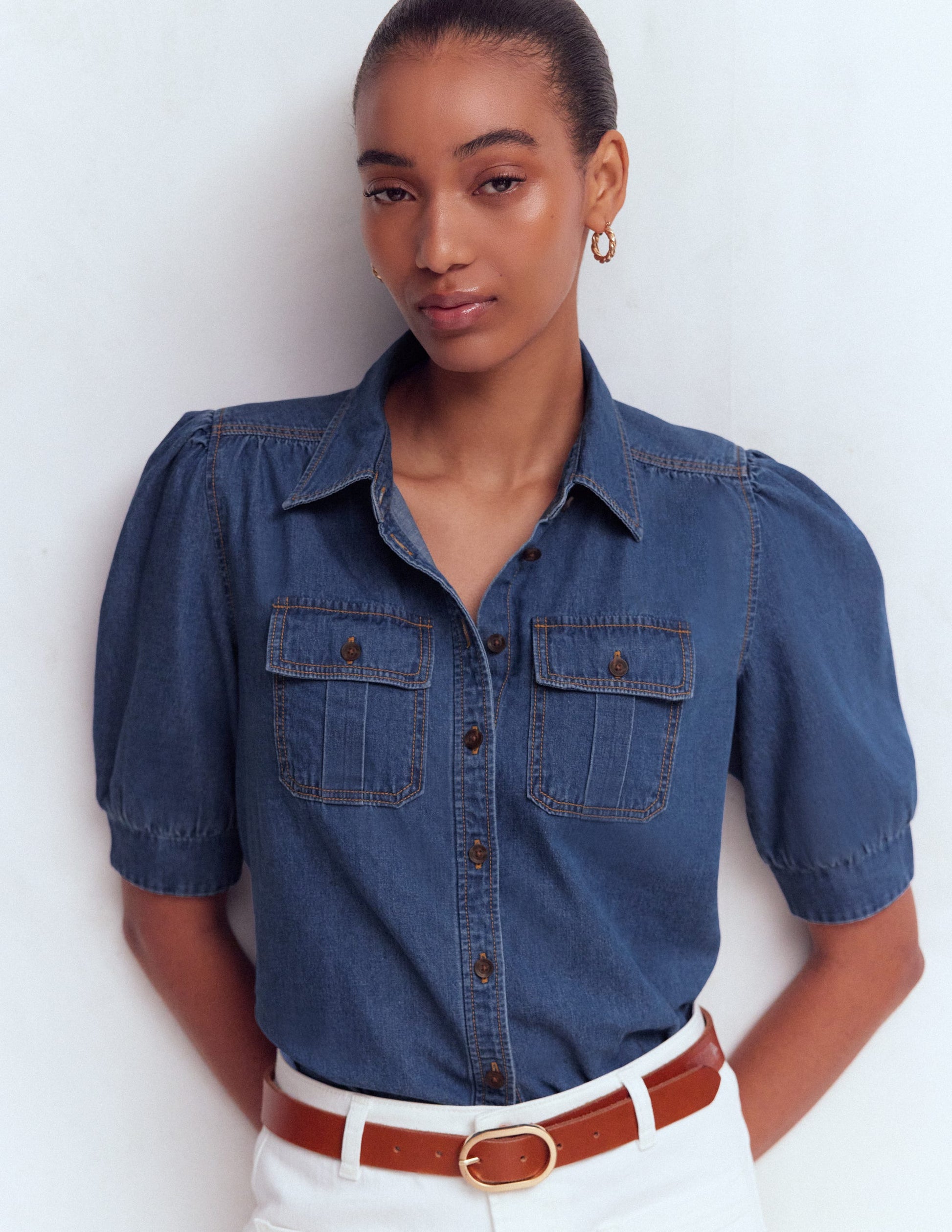 Short Sleeve Denim Top-LIGHT VINTAGE-2