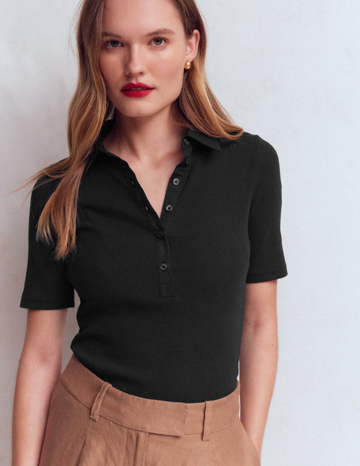 Collared Ribbed Henley Top-Black