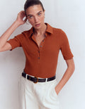 Collared Ribbed Henley Top-Burnt Orange