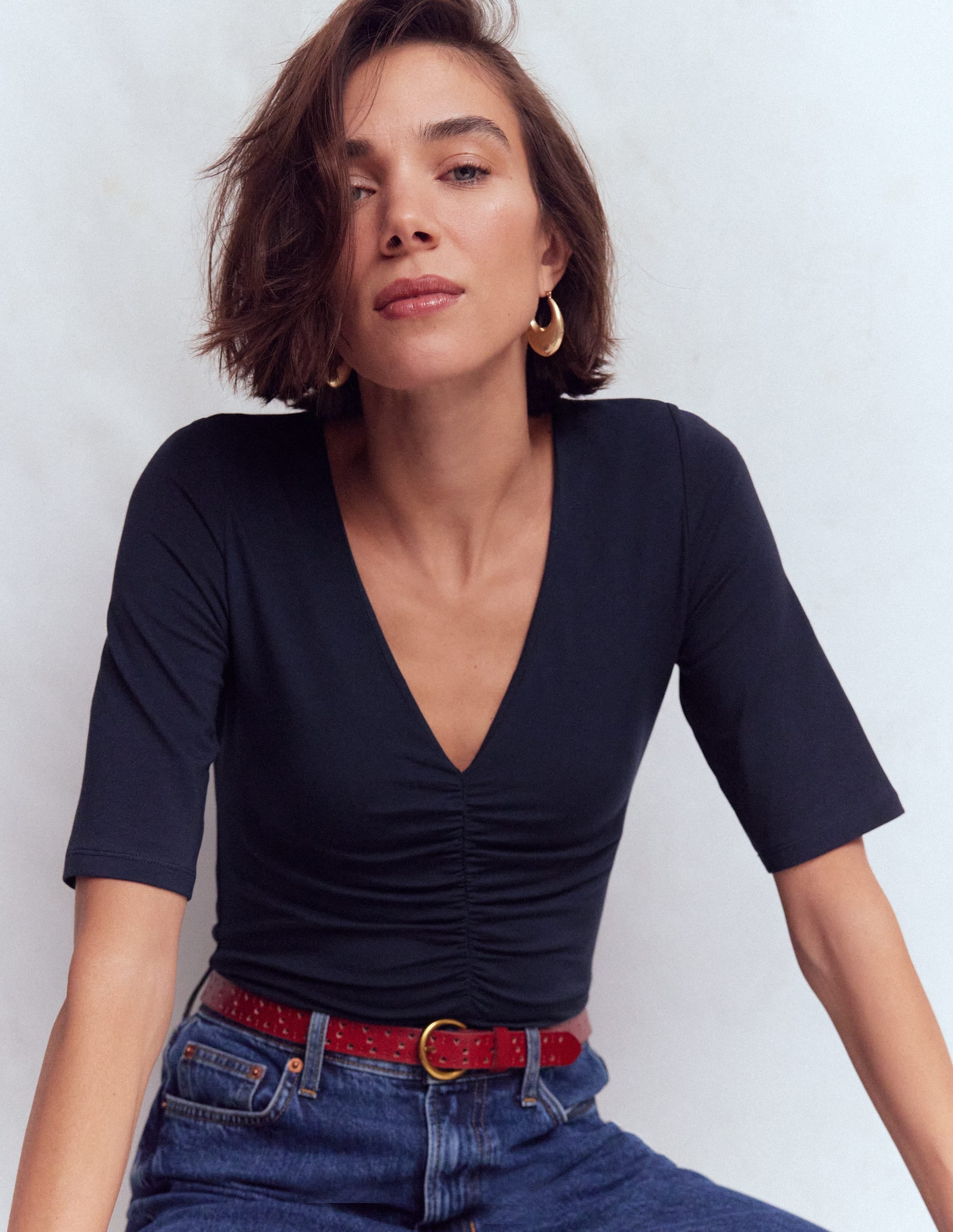 Tia Ruched V-neck Top-Navy - Image 1