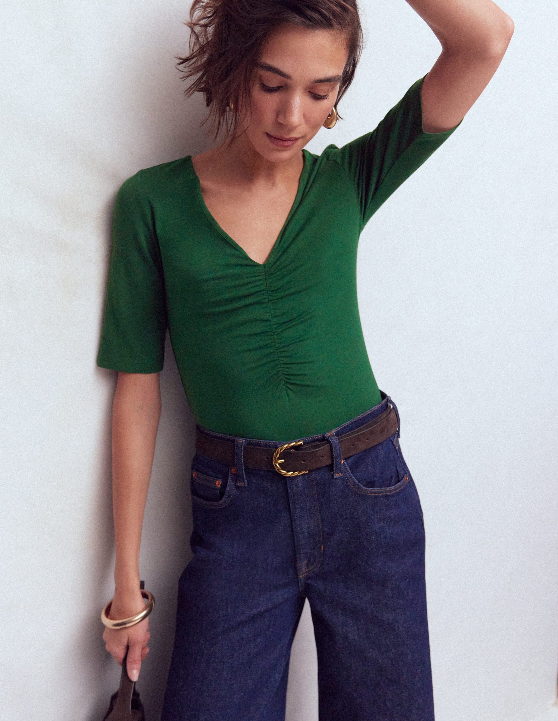 Tia Ruched V-neck Top-Hunter Green-4