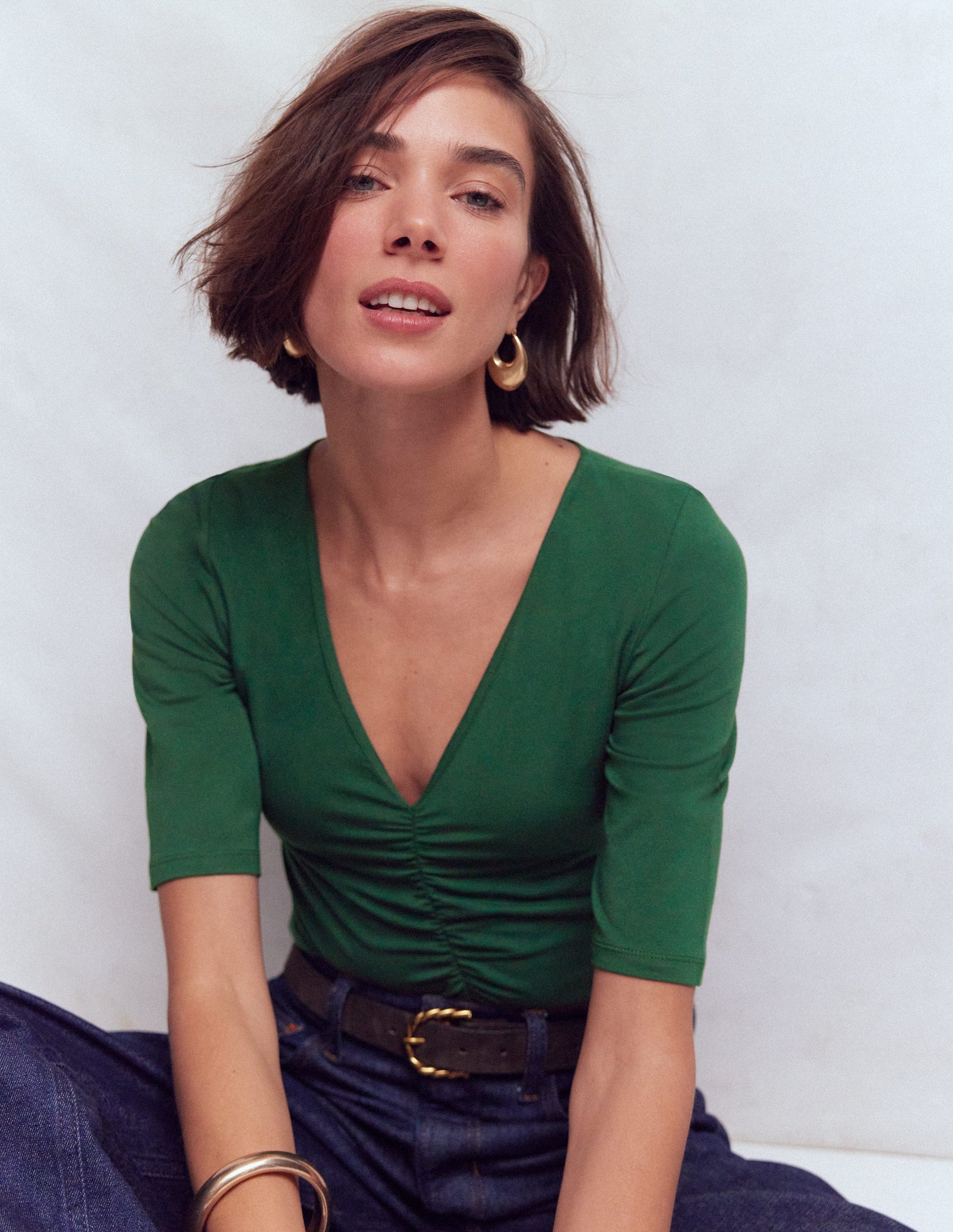 Tia Ruched V-neck Top-Hunter Green-6