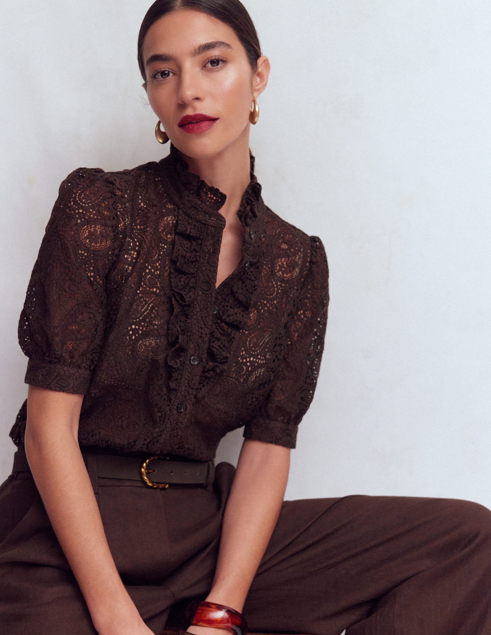 Sasha Short Sleeve Lace Top-Bitter Chocolate - Image 1