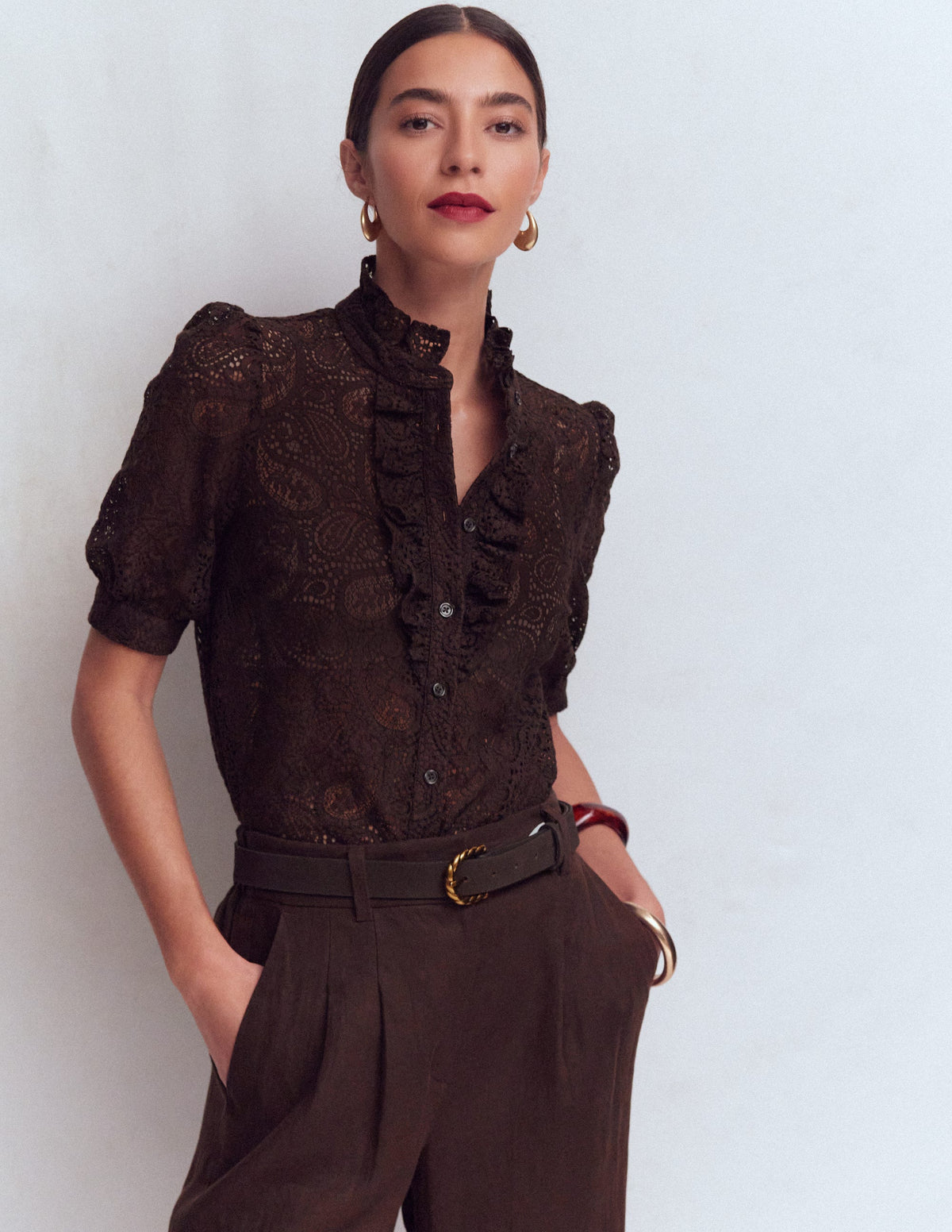 Sasha Short Sleeve Lace Top-Bitter Chocolate - Image 4