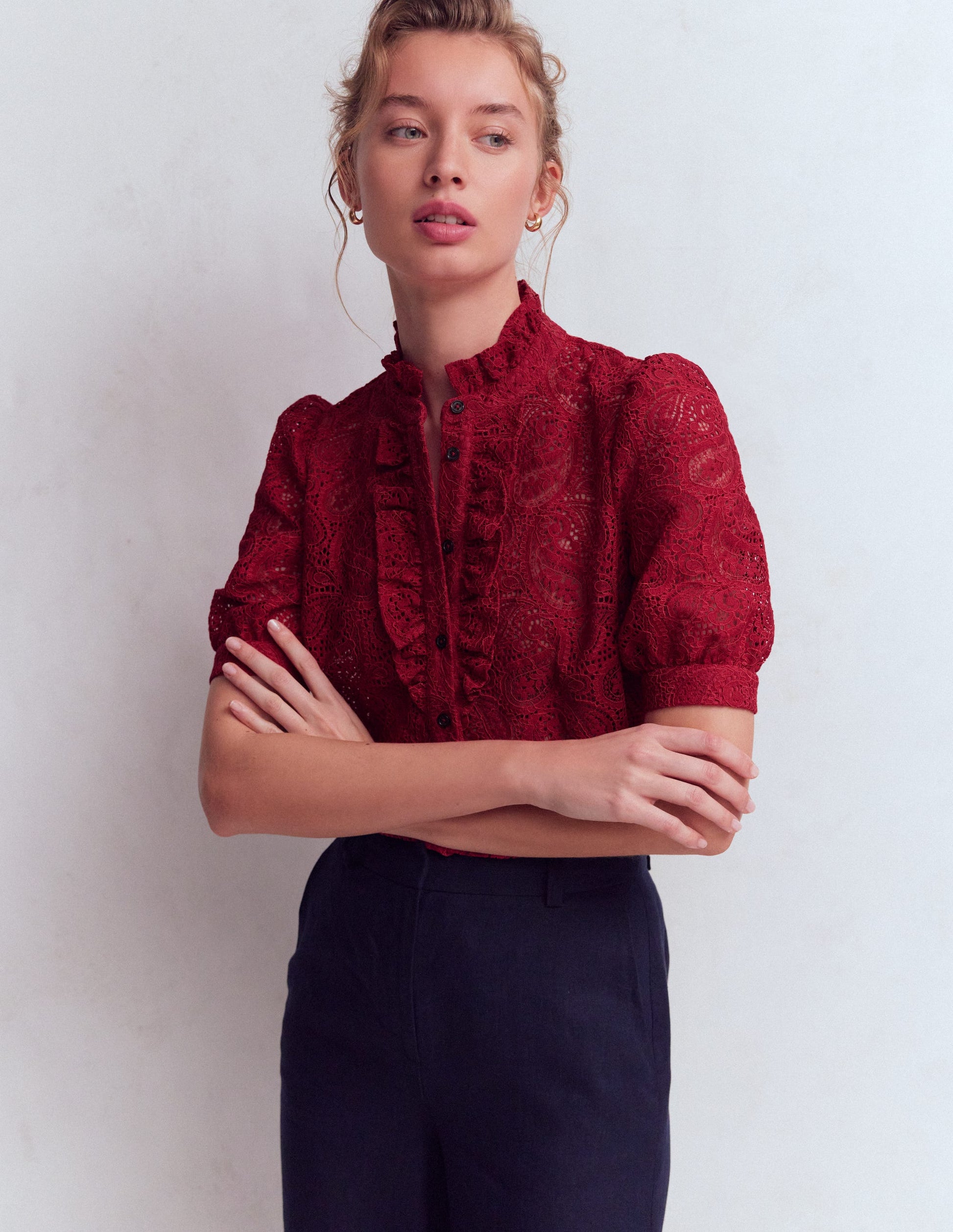 Sasha Short Sleeve Lace Top-Pomegranate-1