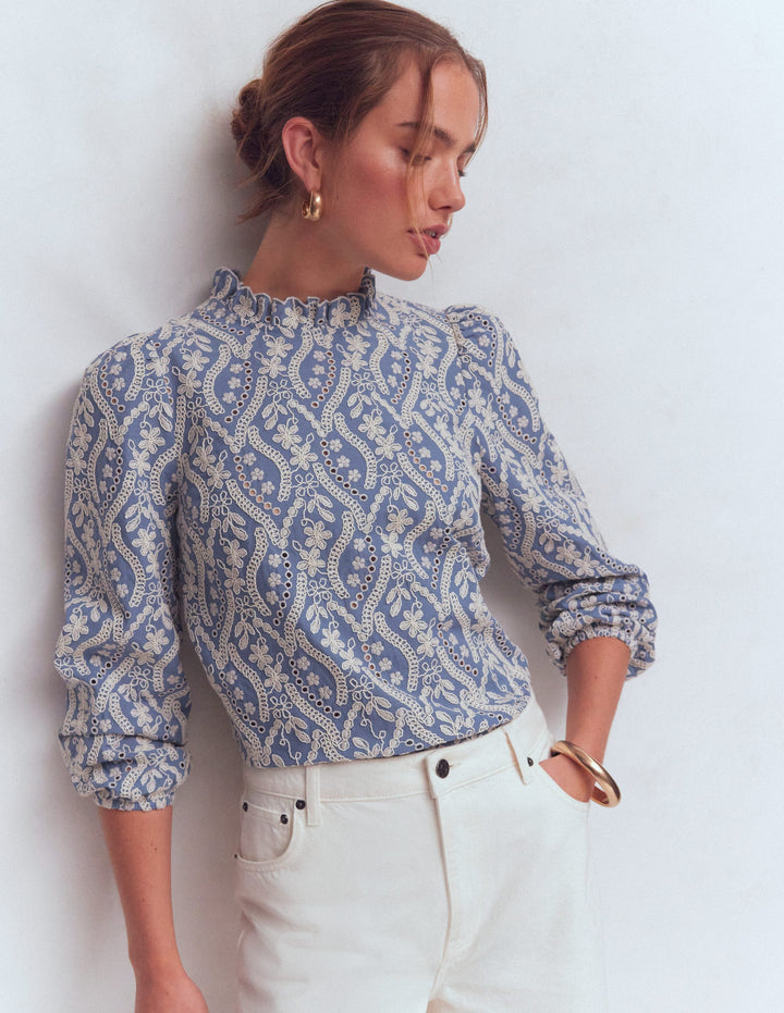Puff Sleeve Interest Top-Blue and Ivory Broderie