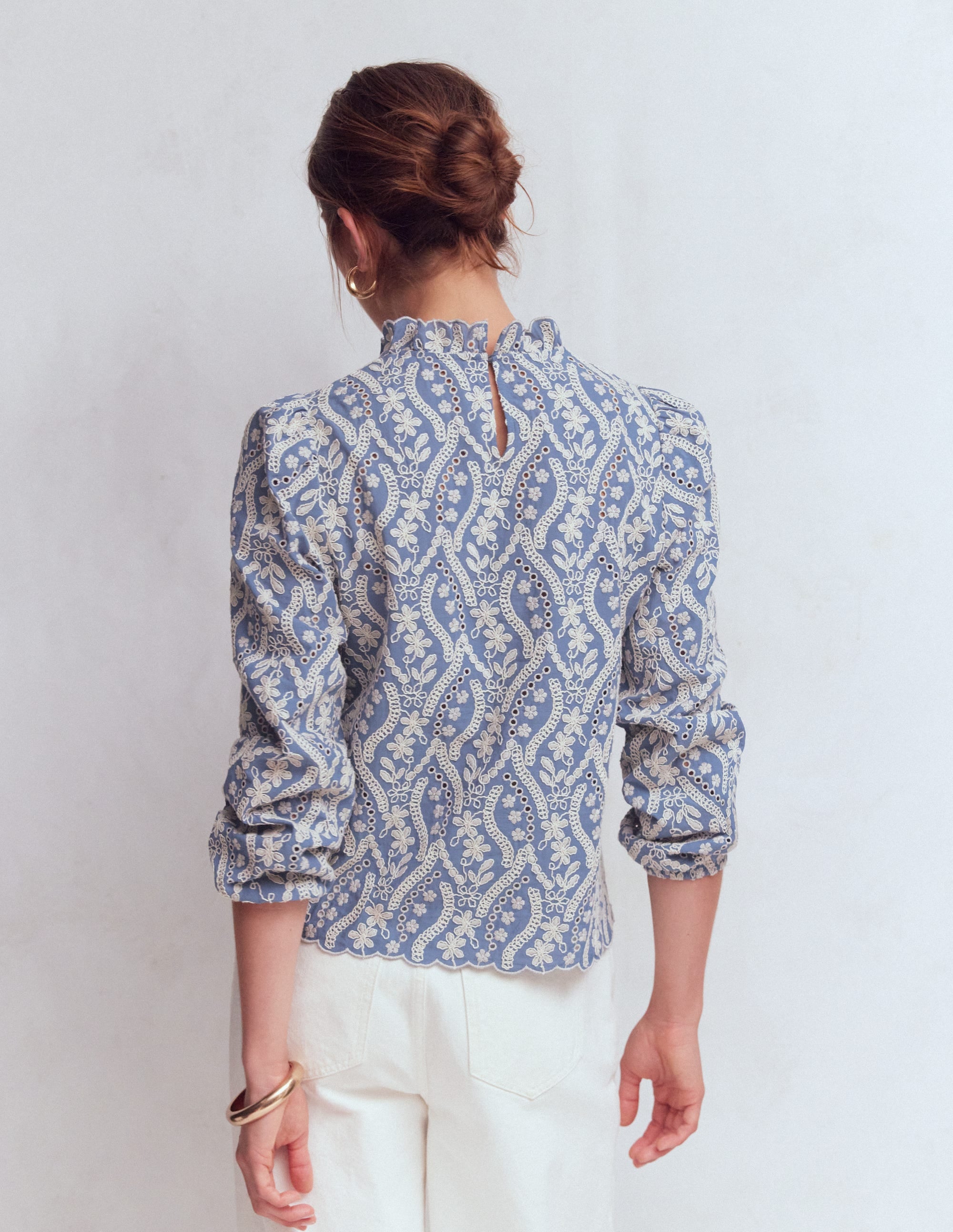 Puff Sleeve Interest Top-Blue and Ivory Broderie - Image 3