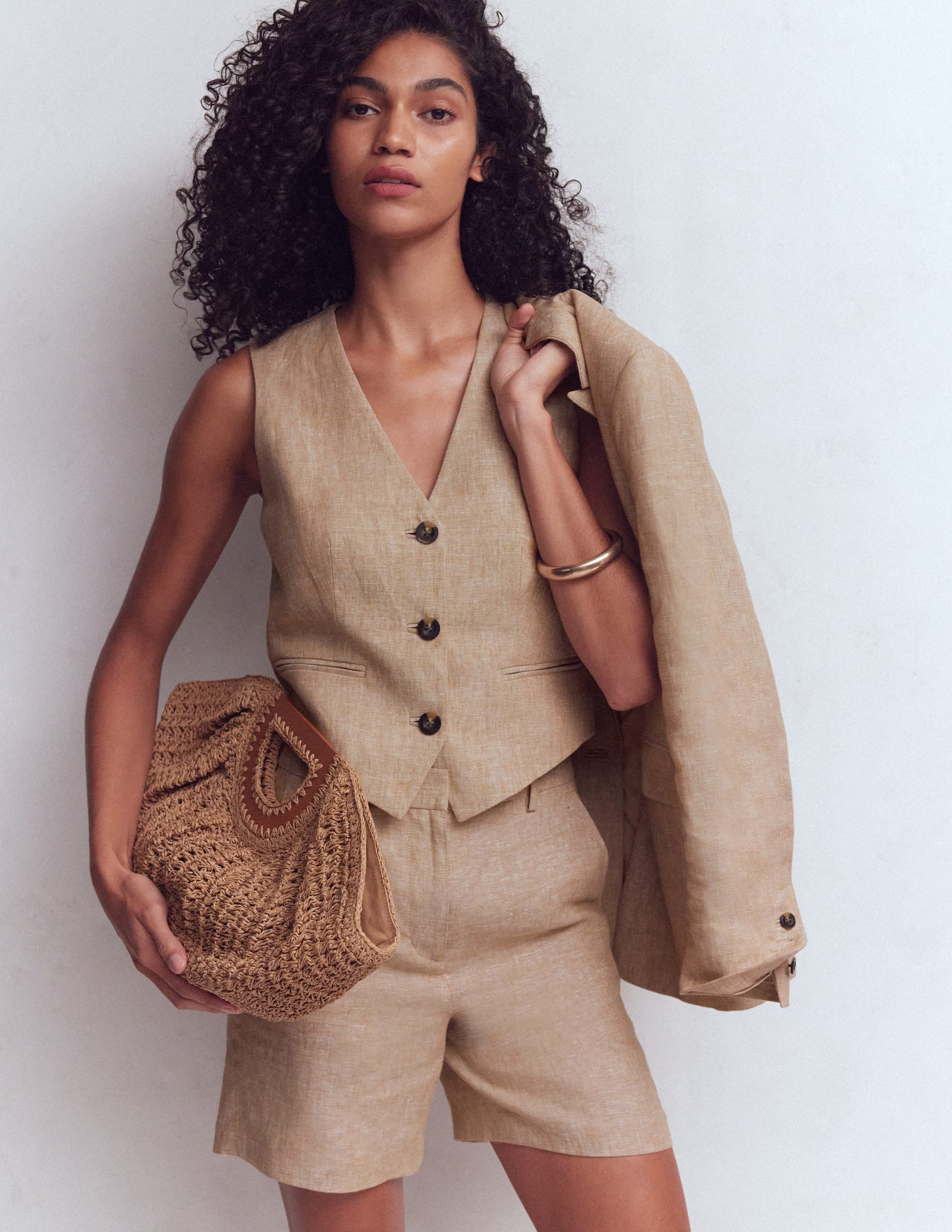 Linen V-Neck Waistcoat-Amphora, Chambray - Image 1