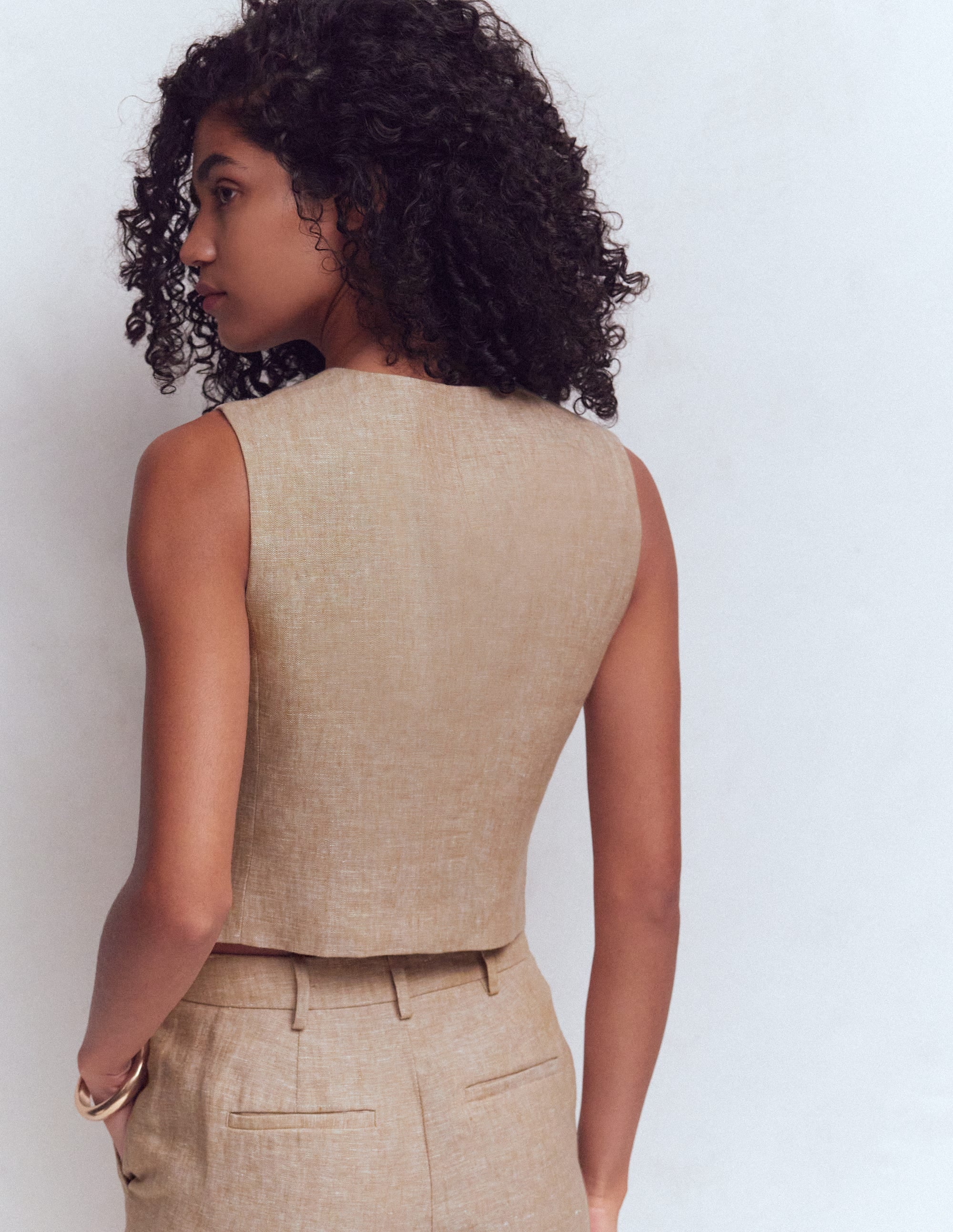 Linen V-Neck Waistcoat-Amphora, Chambray - Image 3