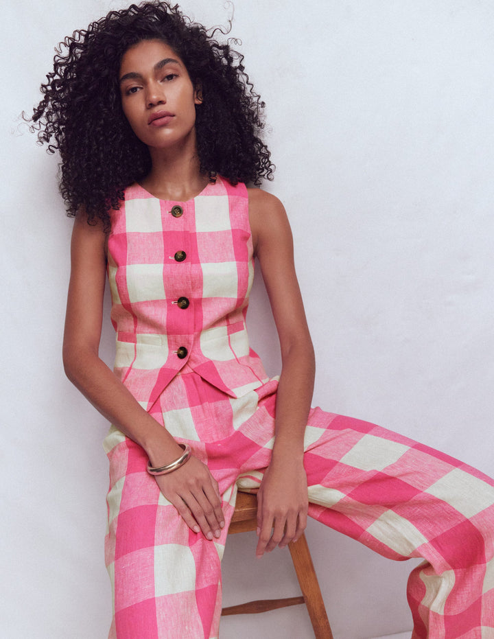 Linen Scoop Neck Waistcoat-Pink Gingham