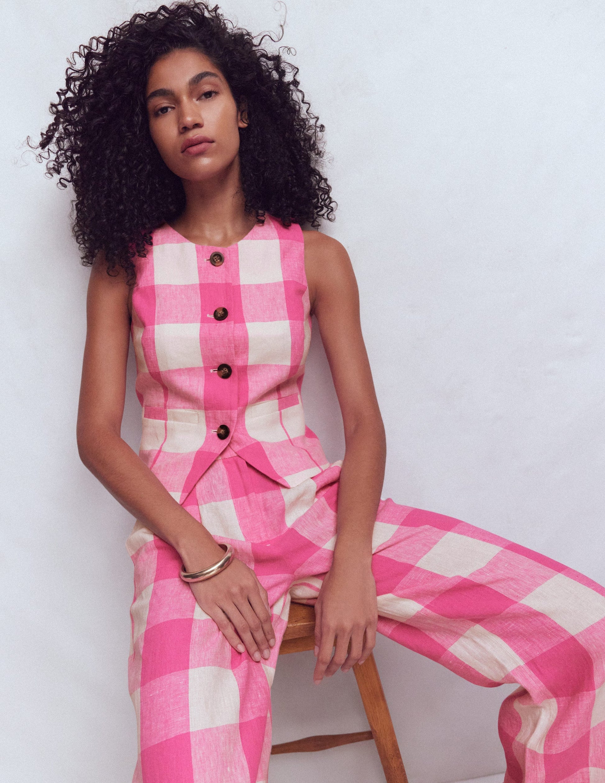 Linen Scoop Neck Waistcoat-Pink Punch Gingham-1