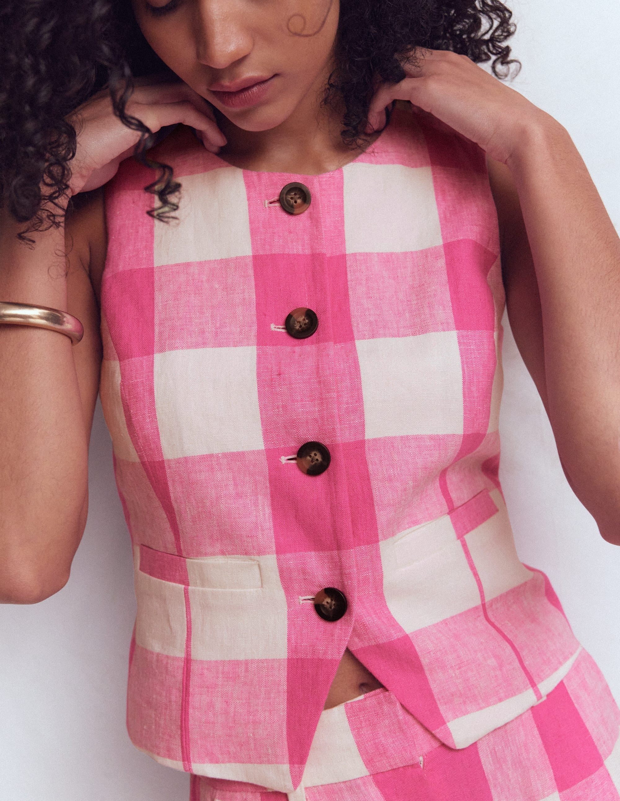 Linen Waistcoat-Pink Punch Gingham - Image 2