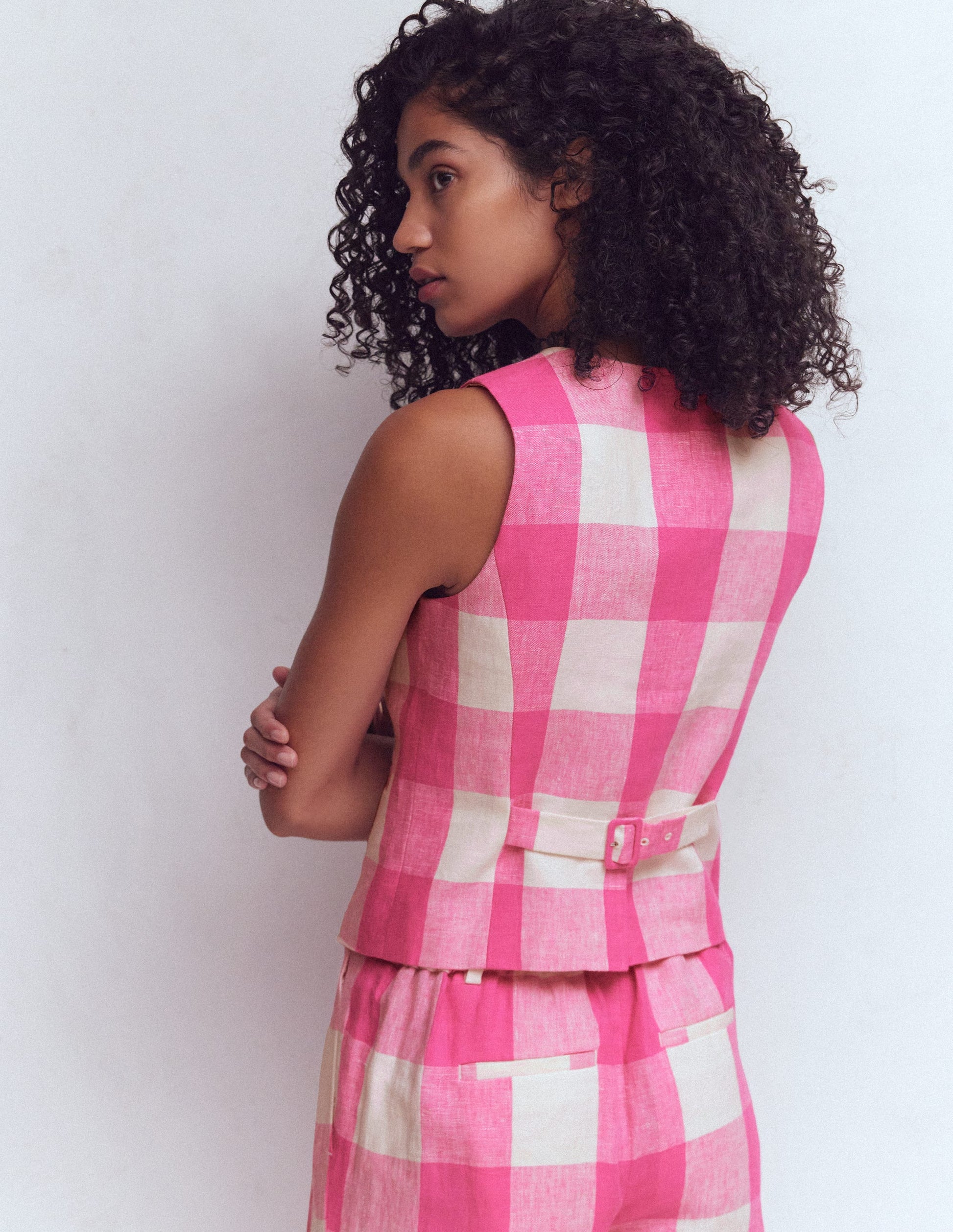 Linen Scoop Neck Waistcoat-Pink Punch Gingham-3