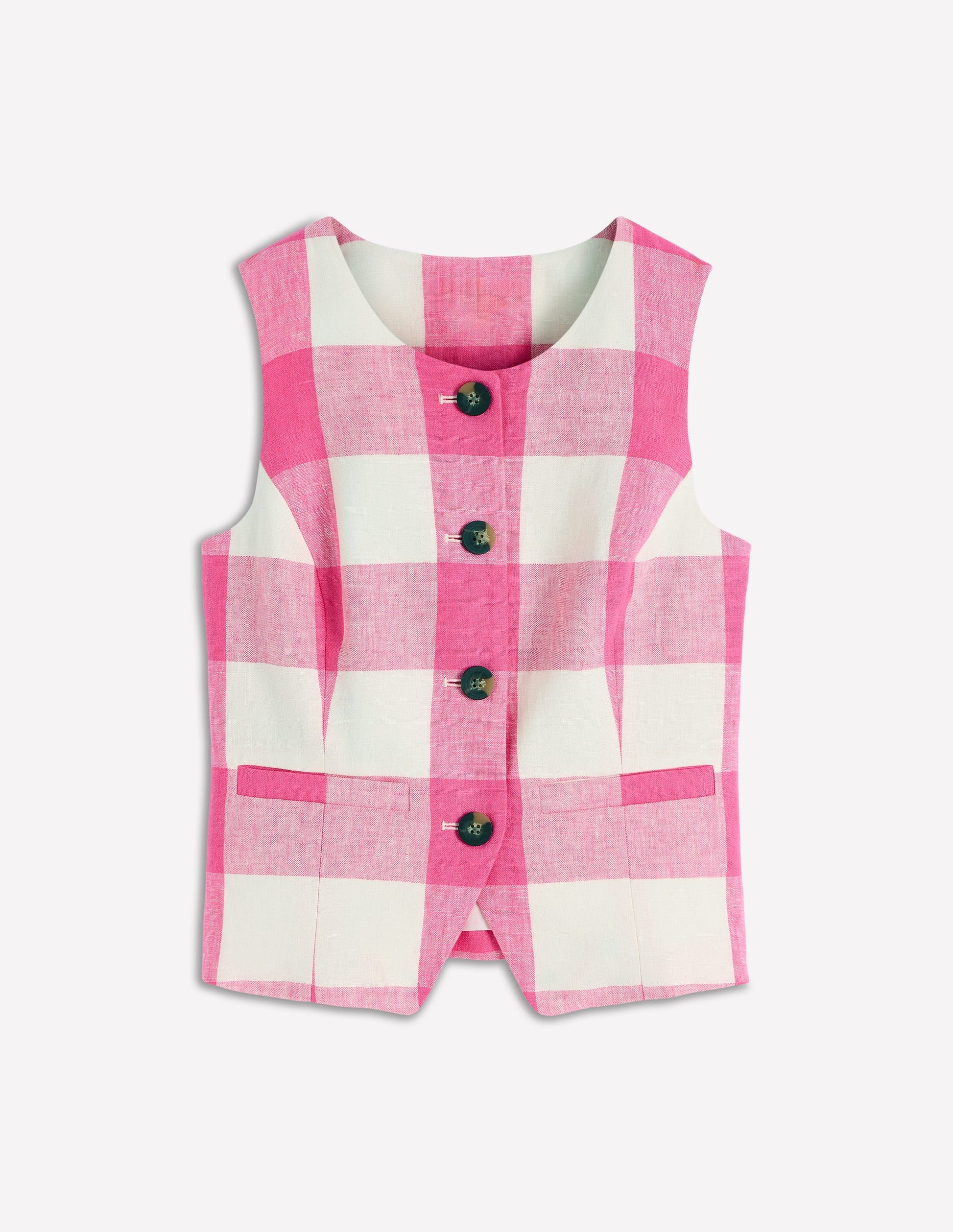 Linen Scoop Neck Waistcoat-Pink Punch Gingham-5