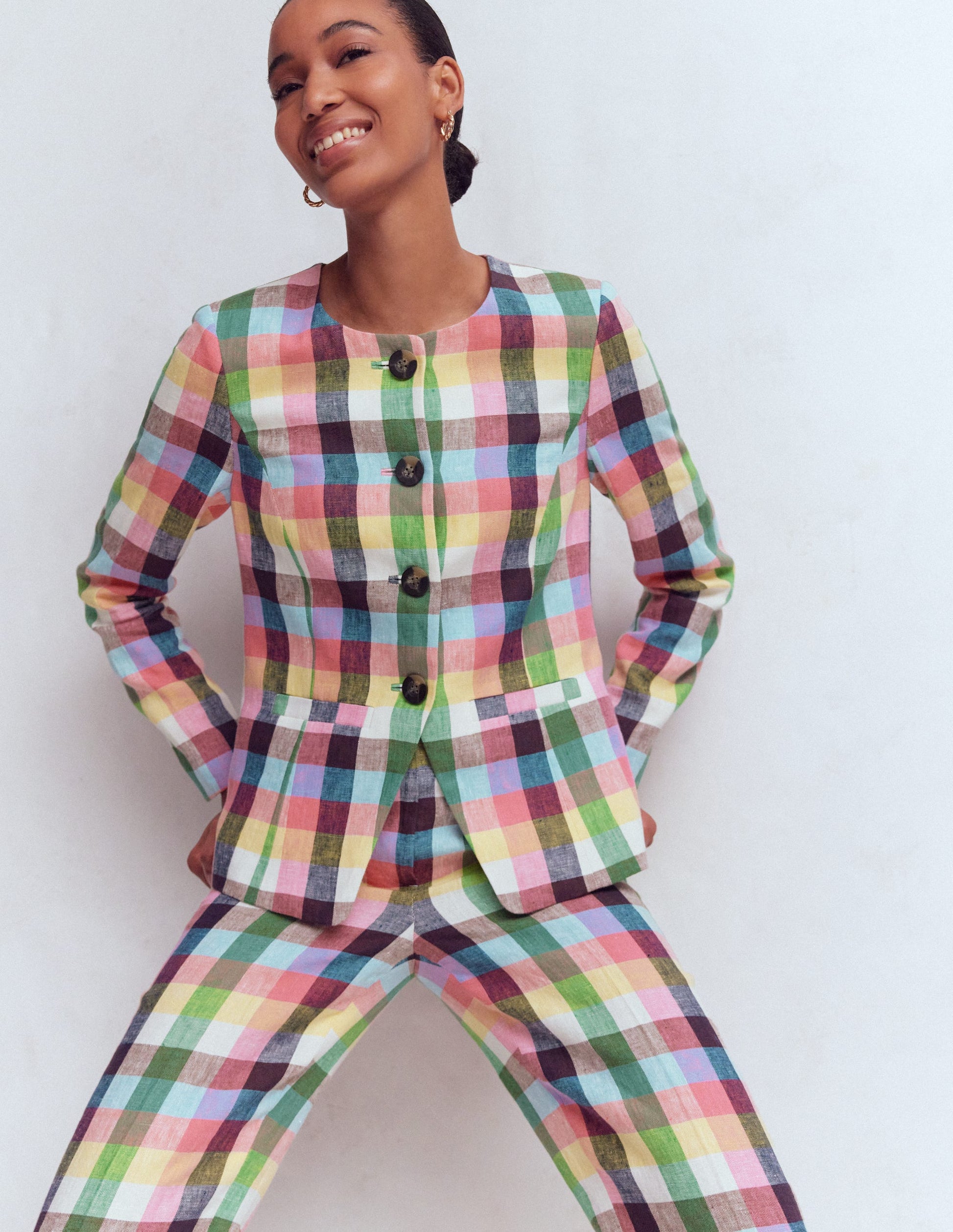 Hampstead Linen Blazer-Soft Yellow, Pink Multigingham-1