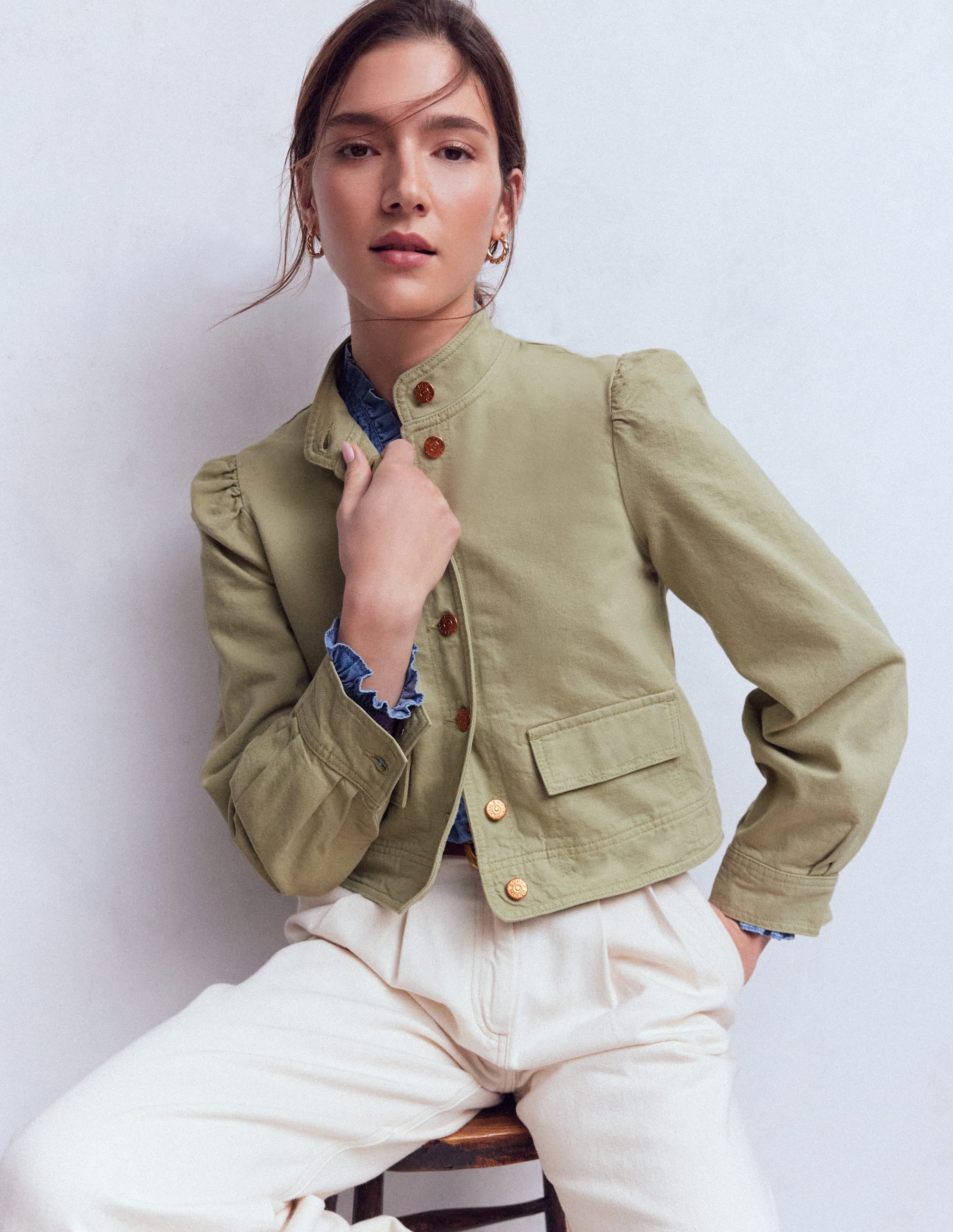 Topstitch Denim Jacket-Soft Green - Image 1