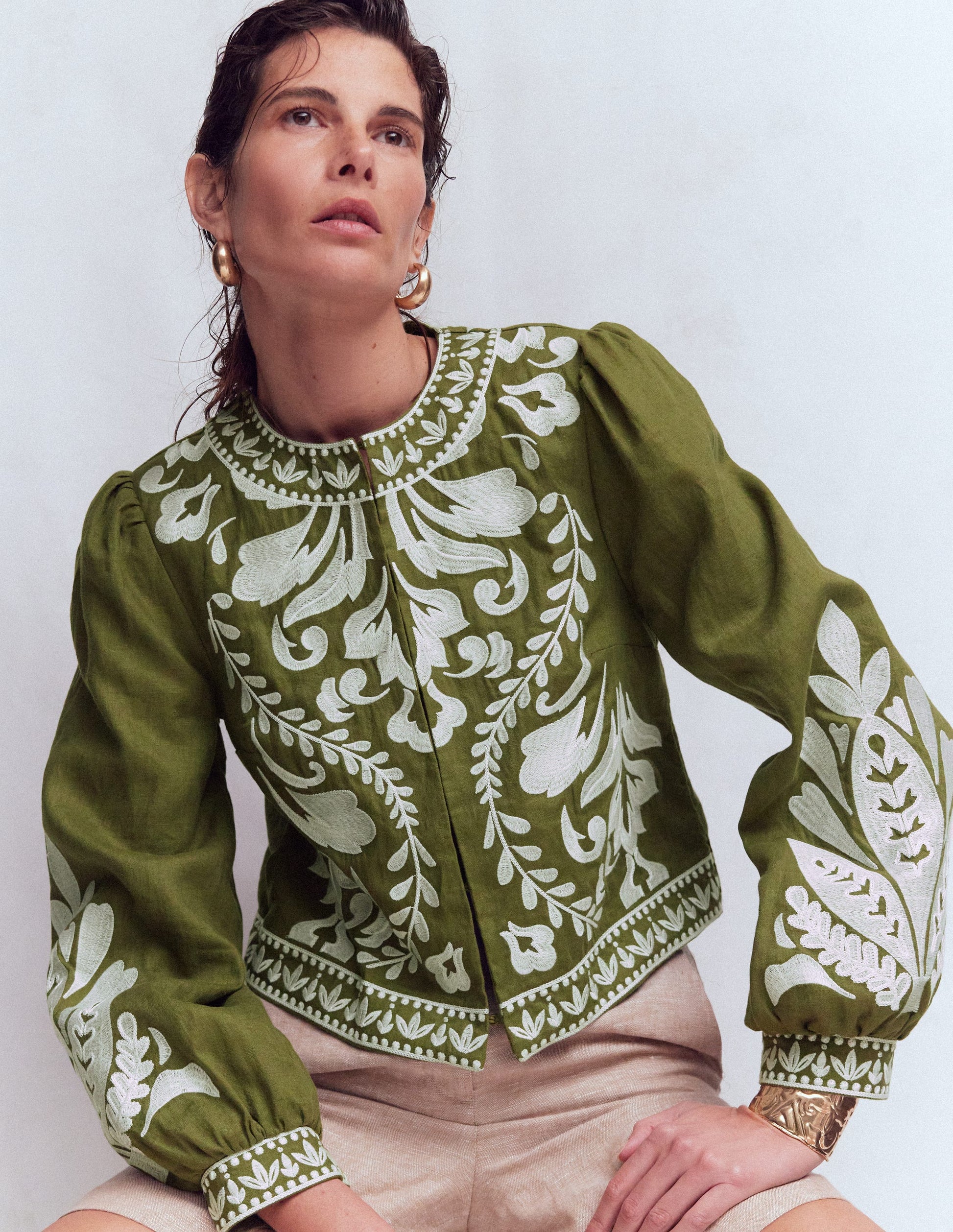 Embroidered Linen Jacket-Woodland Green-1