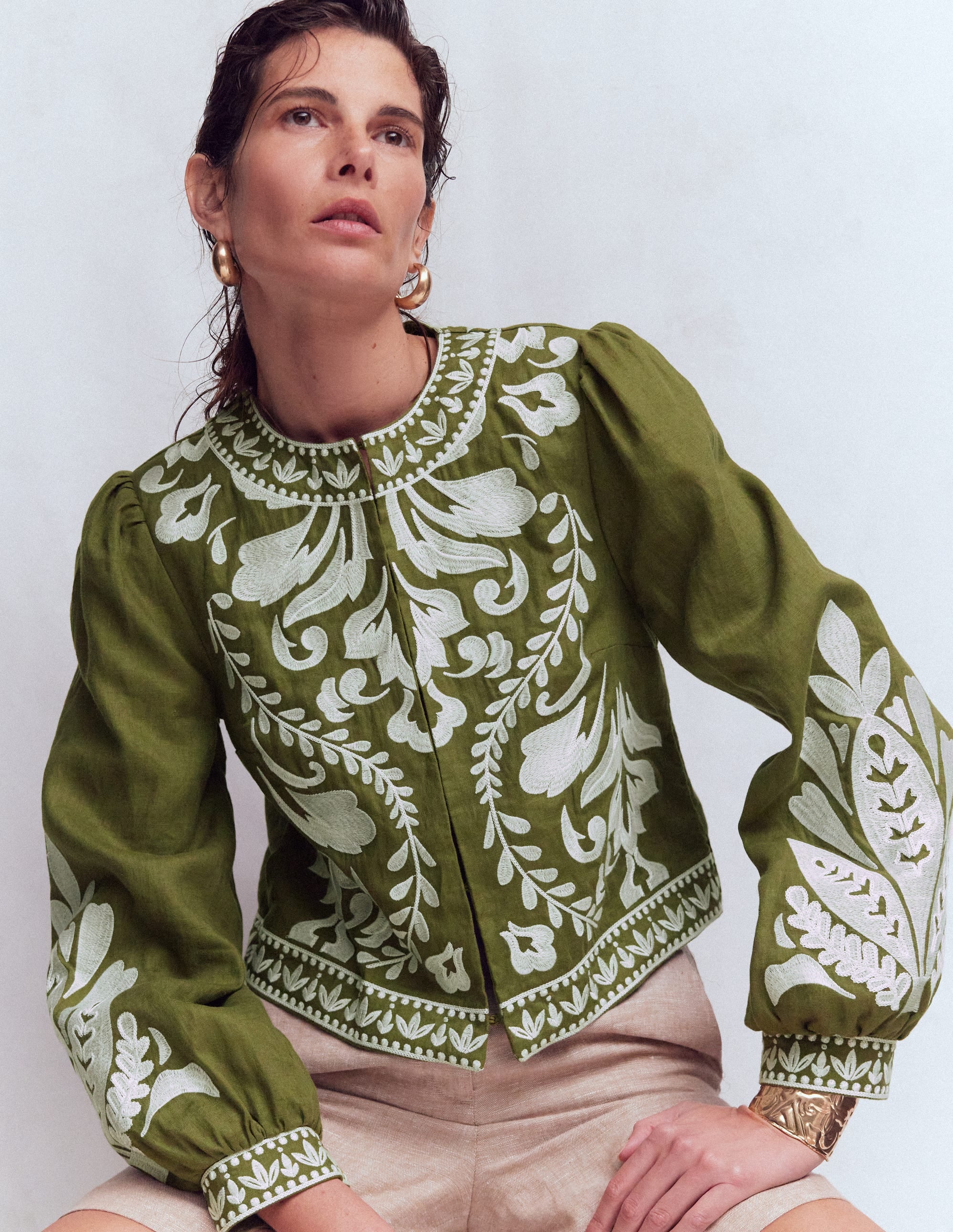 Embroidered Linen Jacket-Woodland Green - Image 1