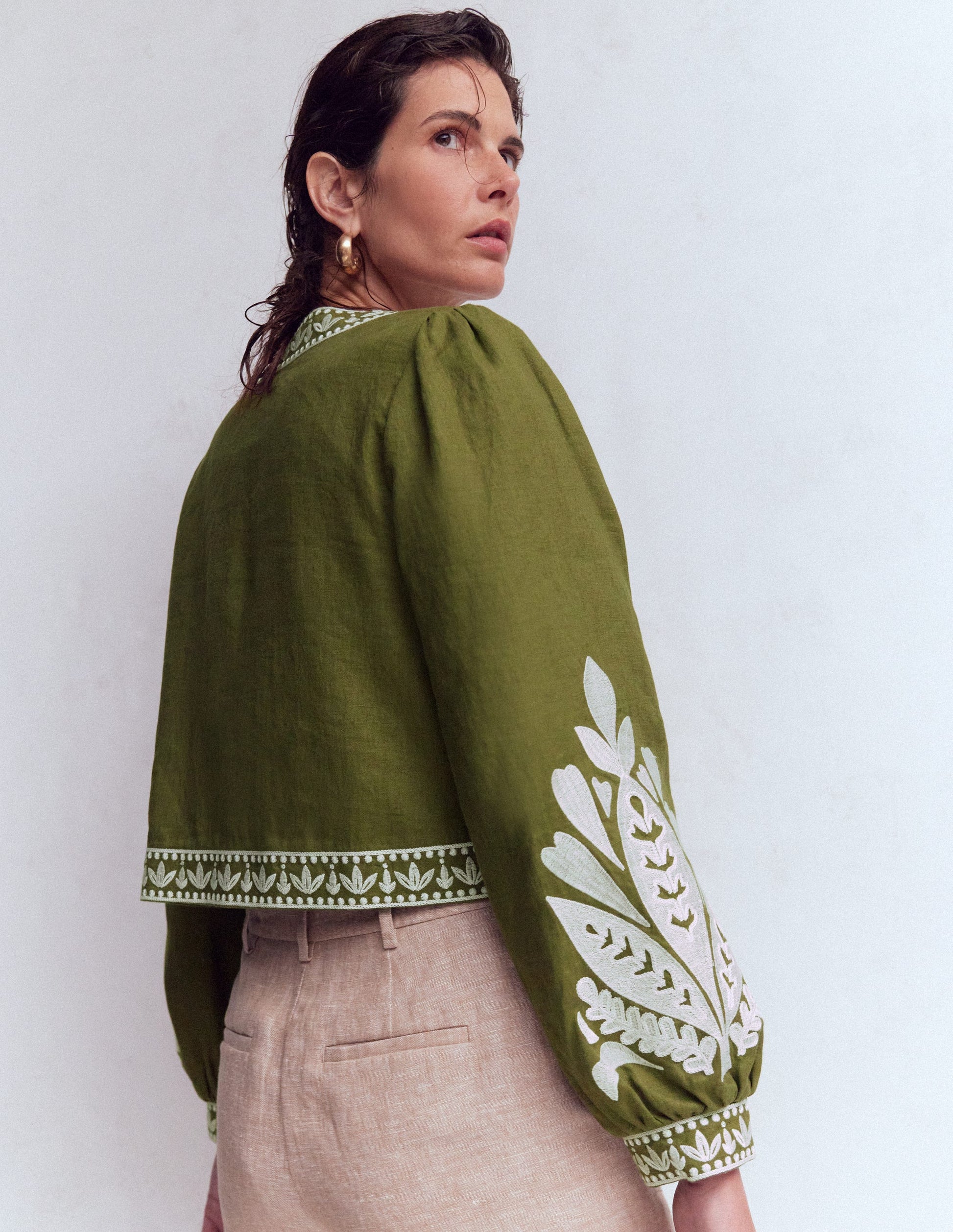 Embroidered Linen Jacket-Woodland Green-3